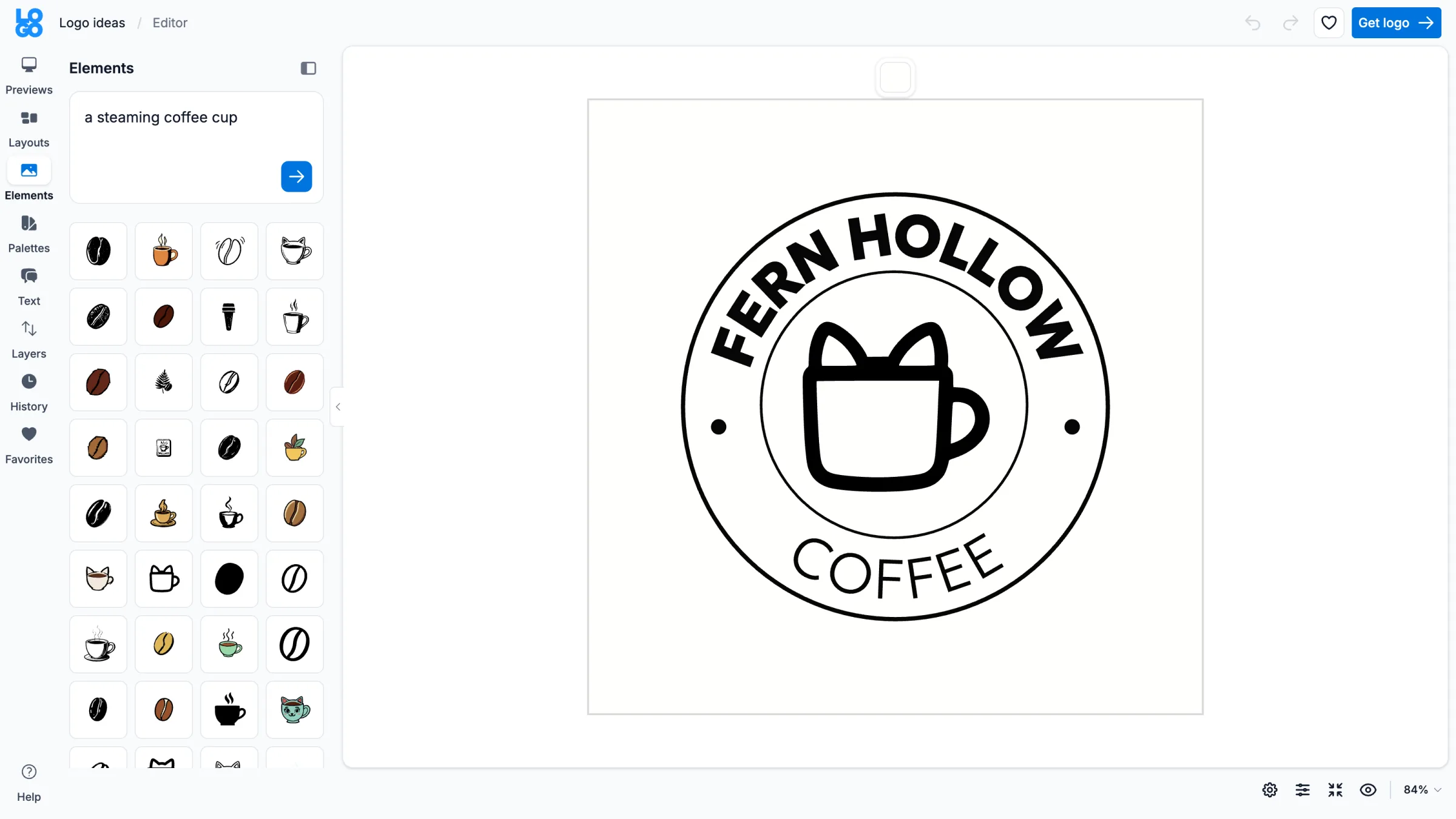 Logo editor with the Elements panel showing icon results for a steaming coffee cup beside a round coffee shop badge logo.