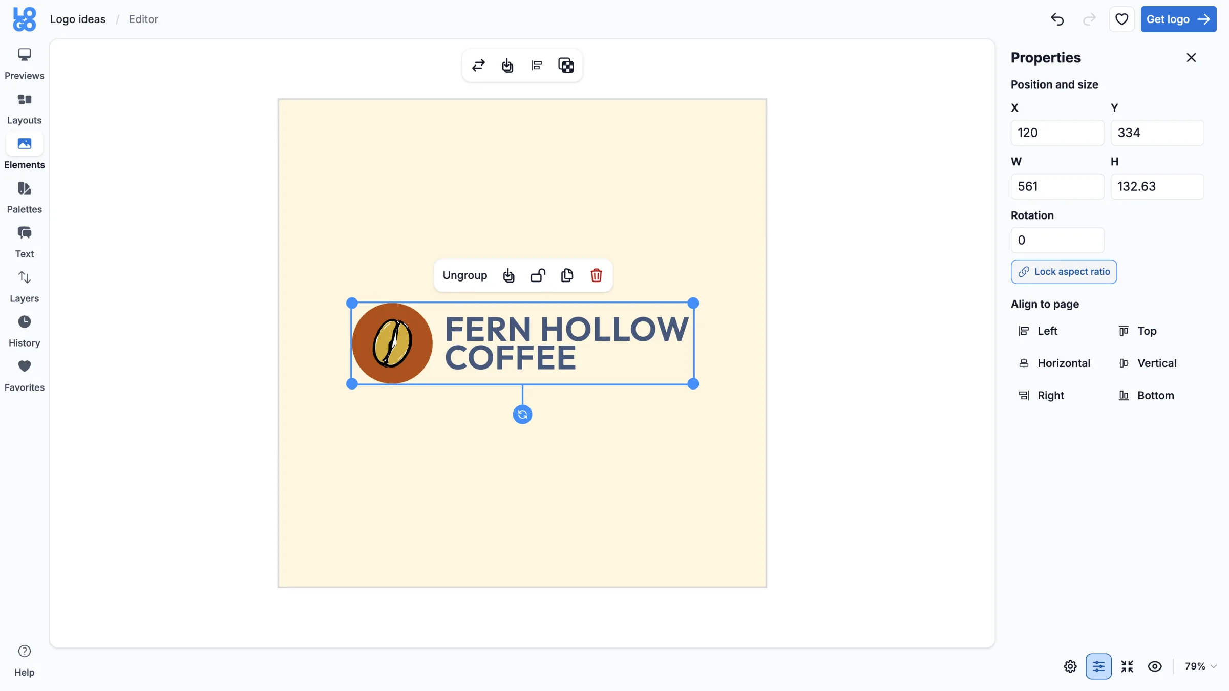 Editor with a grouped coffee bean logo selected and the Properties panel showing its position, size, rotation, and alignment options.