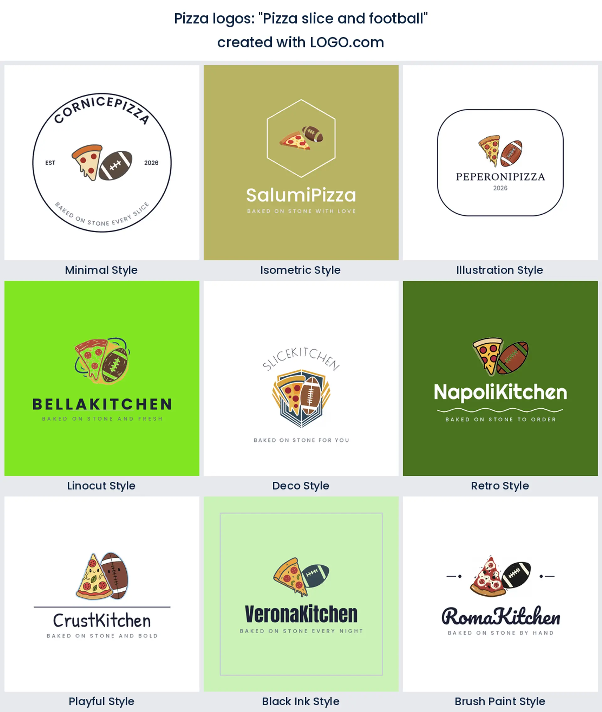 Pizza slice and football logo in nine styles.