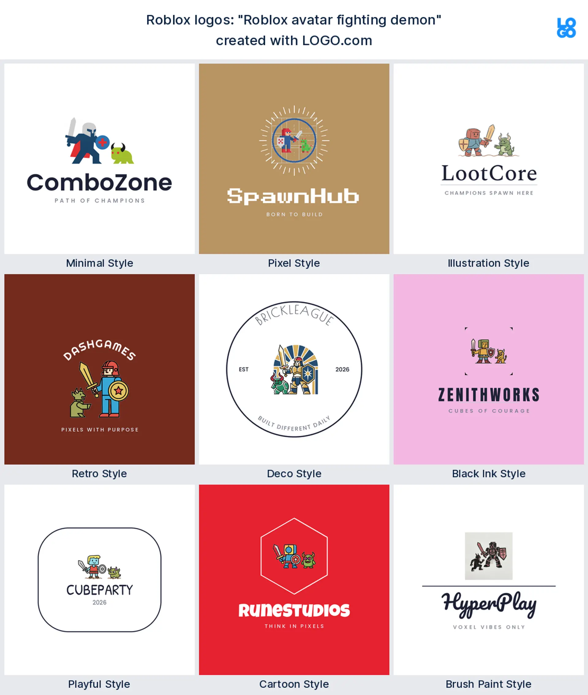 Roblox logos built from the founder prompt "Roblox avatar fighting demon"