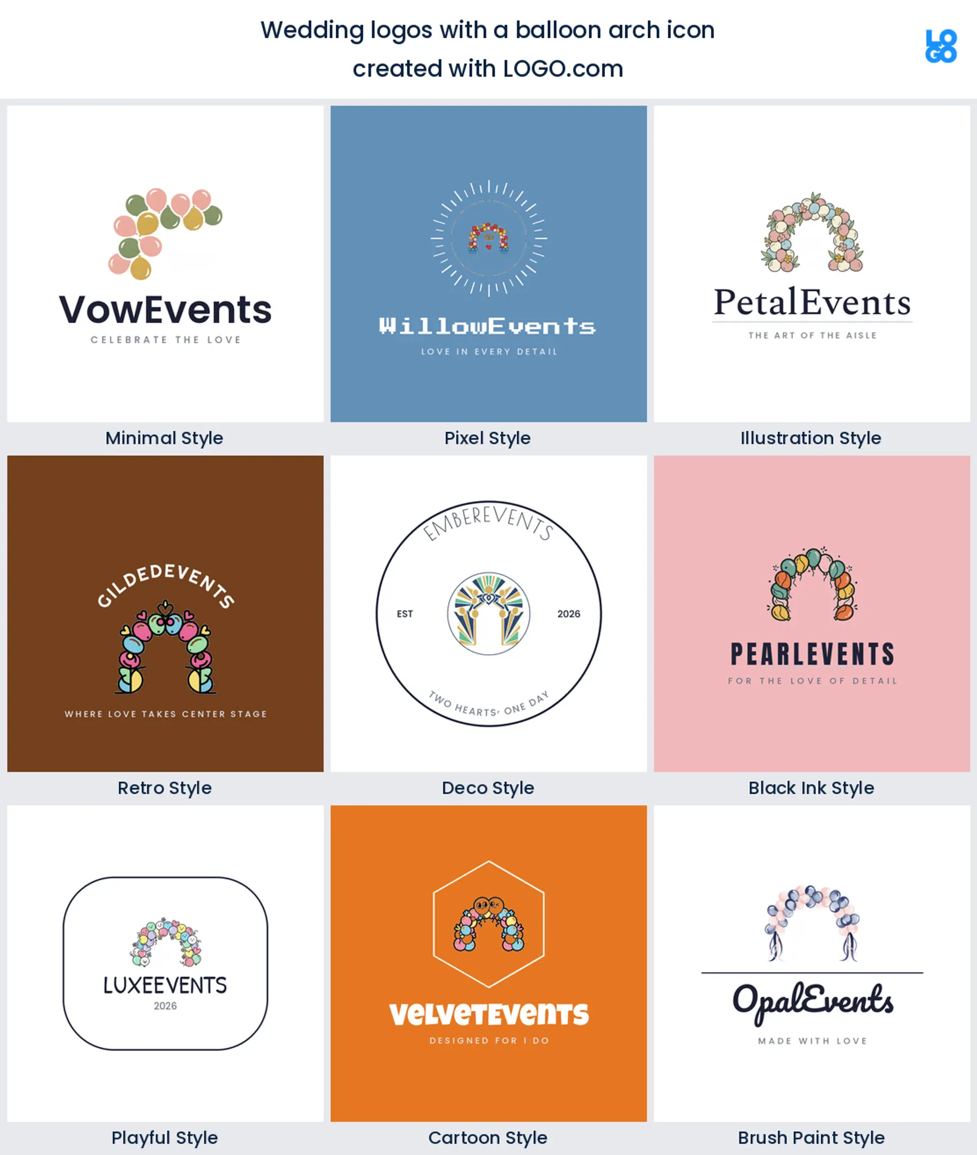 Balloon arch wedding logo shown in nine LOGO.com styles