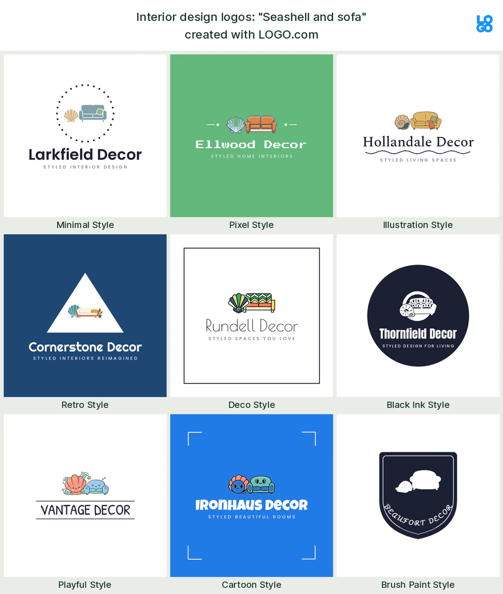 The "Seashell and sofa" interior design logo idea, shown across nine styles on LOGO.com