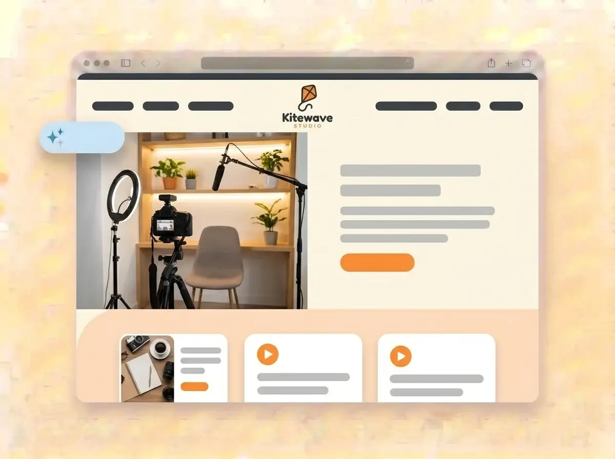 Finished Kitewave Studio website built by LOGO.com from the uploaded logo, with a camera, ring light and microphone in a home studio in the hero photo