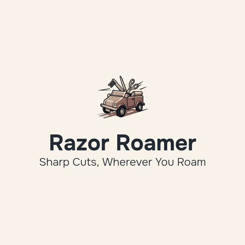 The barbershop name Razor Roamer as a branded logo with a color icon
