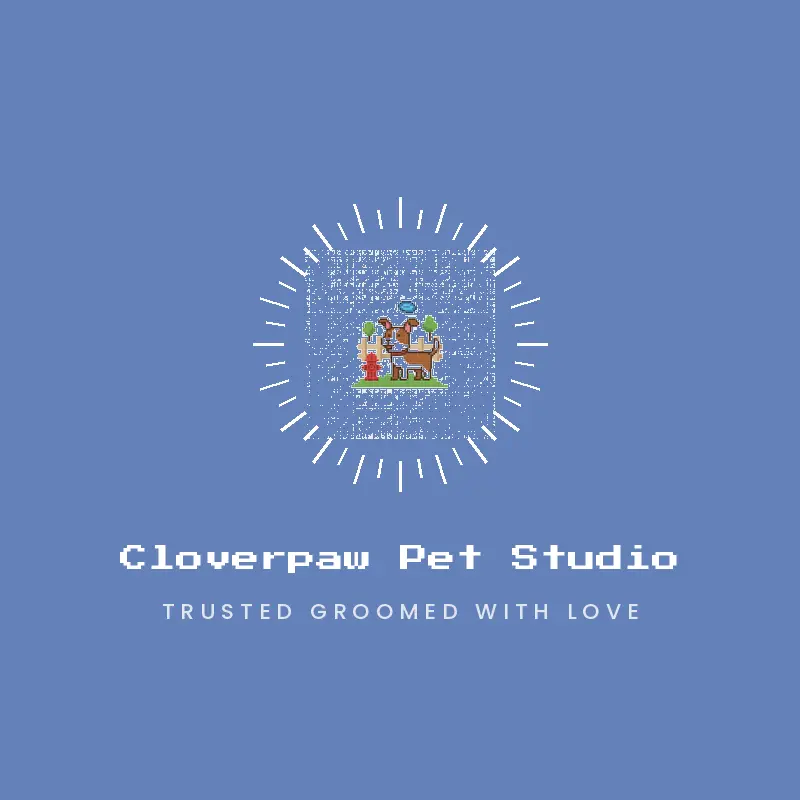 A dog with dog park elements, a lively pet grooming logo in a pixel style
