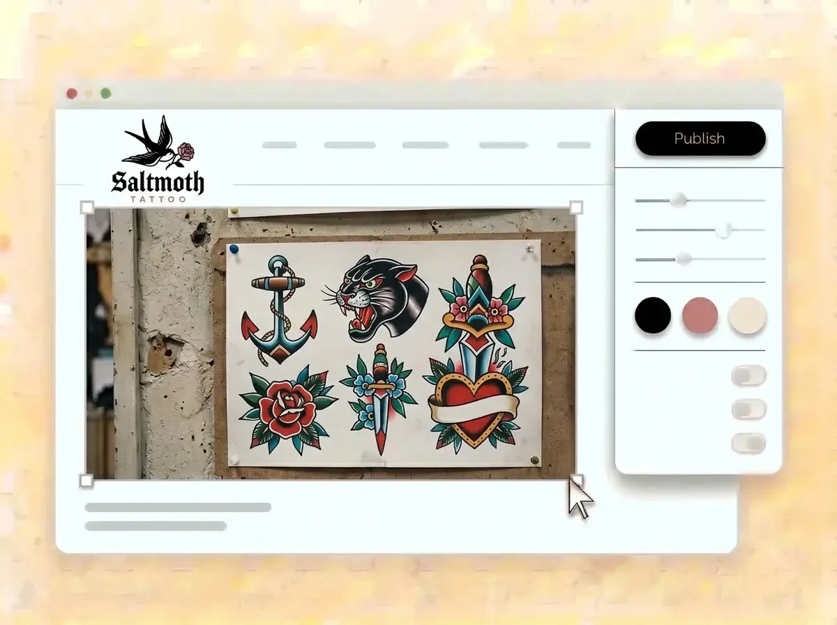 Editing the Saltmoth website with a pinned sheet of colorful flash designs selected, the style panel open and the black Publish button ready