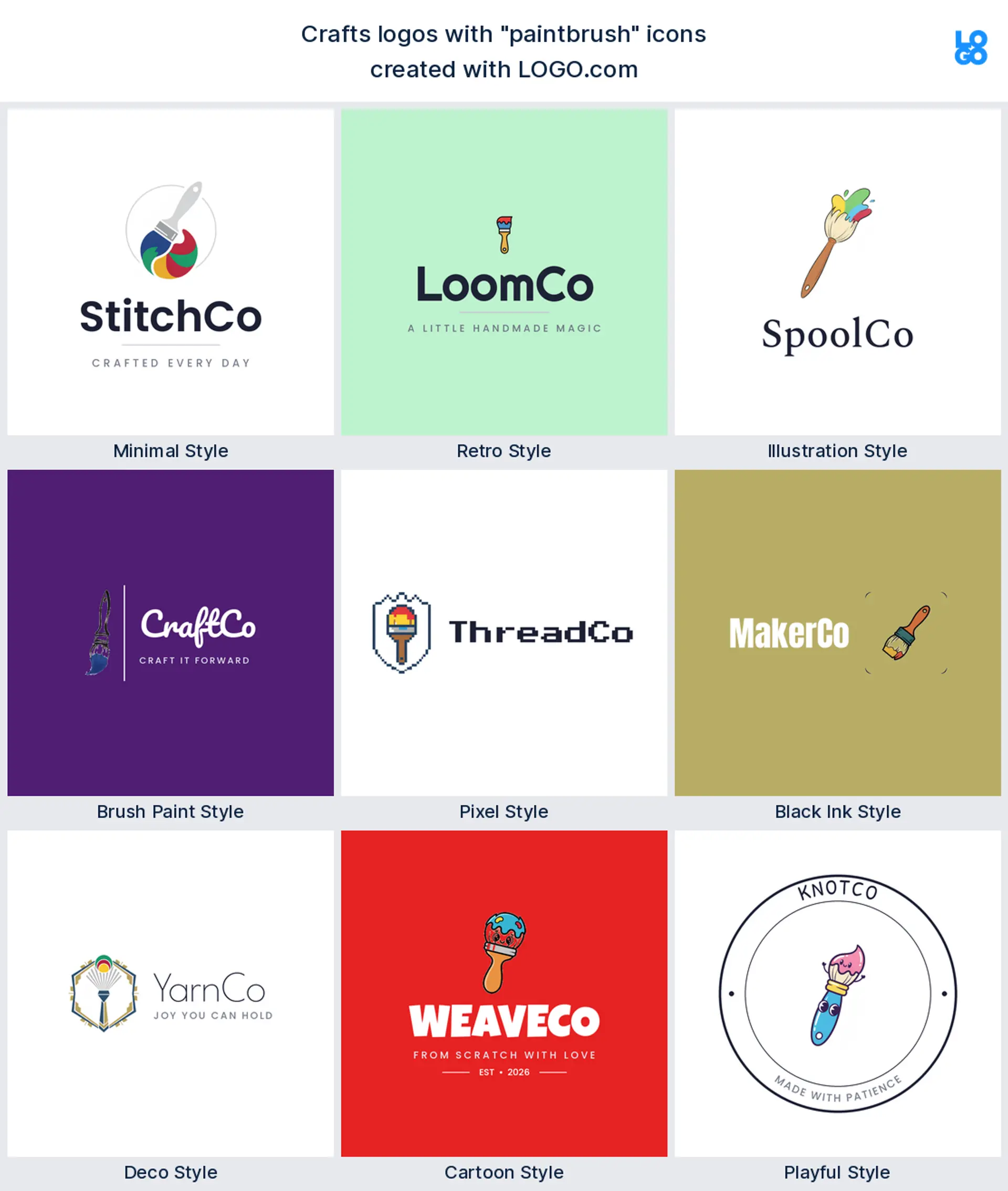 Paintbrush craft logo shown in nine LOGO.com styles