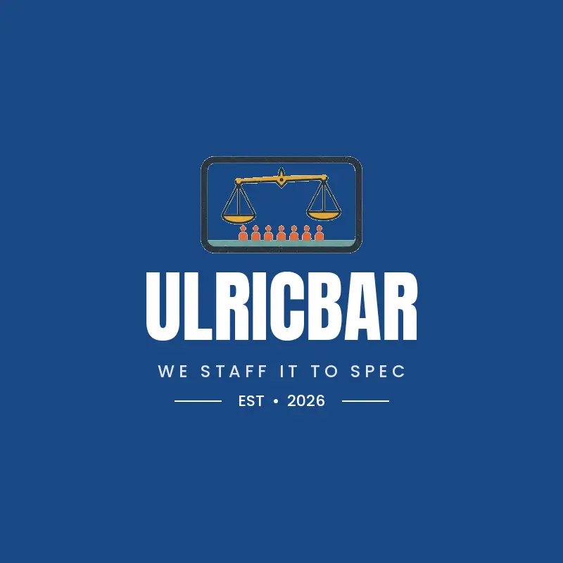 Black ink attorney logo for UlricBar with scales above a row of small figures on deep blue
