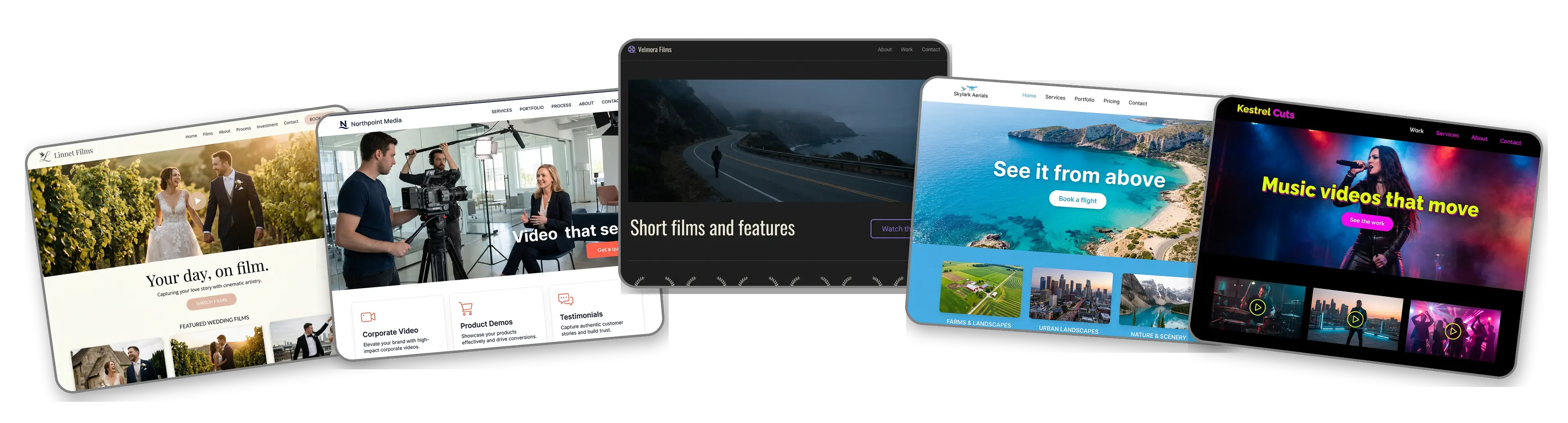 Five video websites built with LOGO.com from a logo upload: a wedding videographer, a corporate video production company, an independent filmmaker, a drone videography business and a music video director