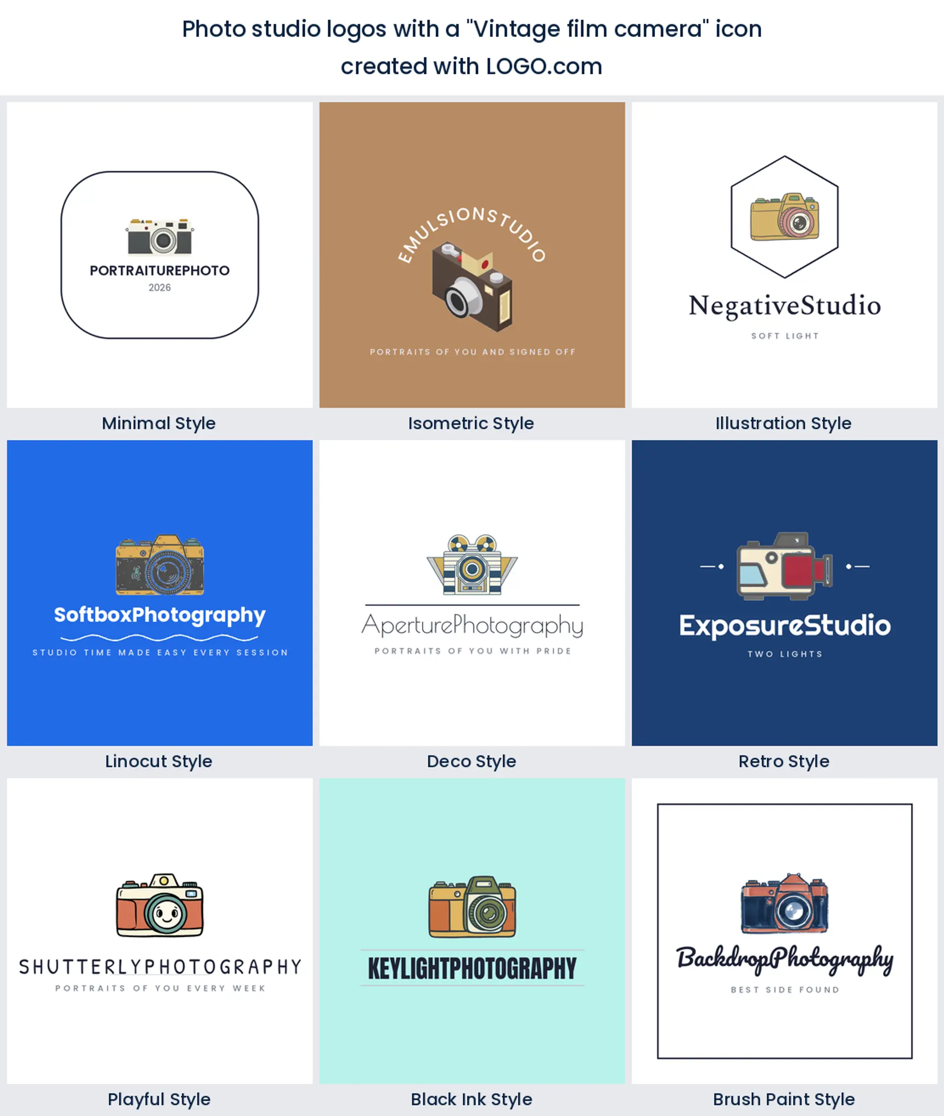 Photo studio logos built from a vintage film camera icon in nine styles