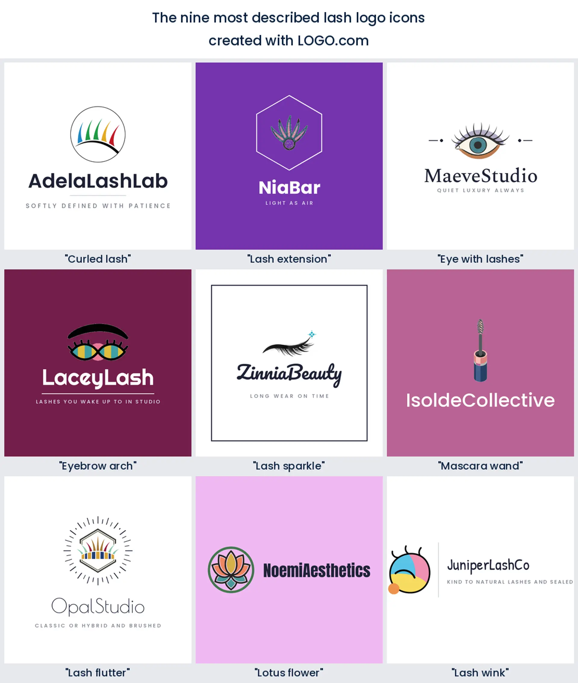 A grid of the nine most popular lashes logo icons ranked from real founder briefs on LOGO.com, shown across nine design styles.