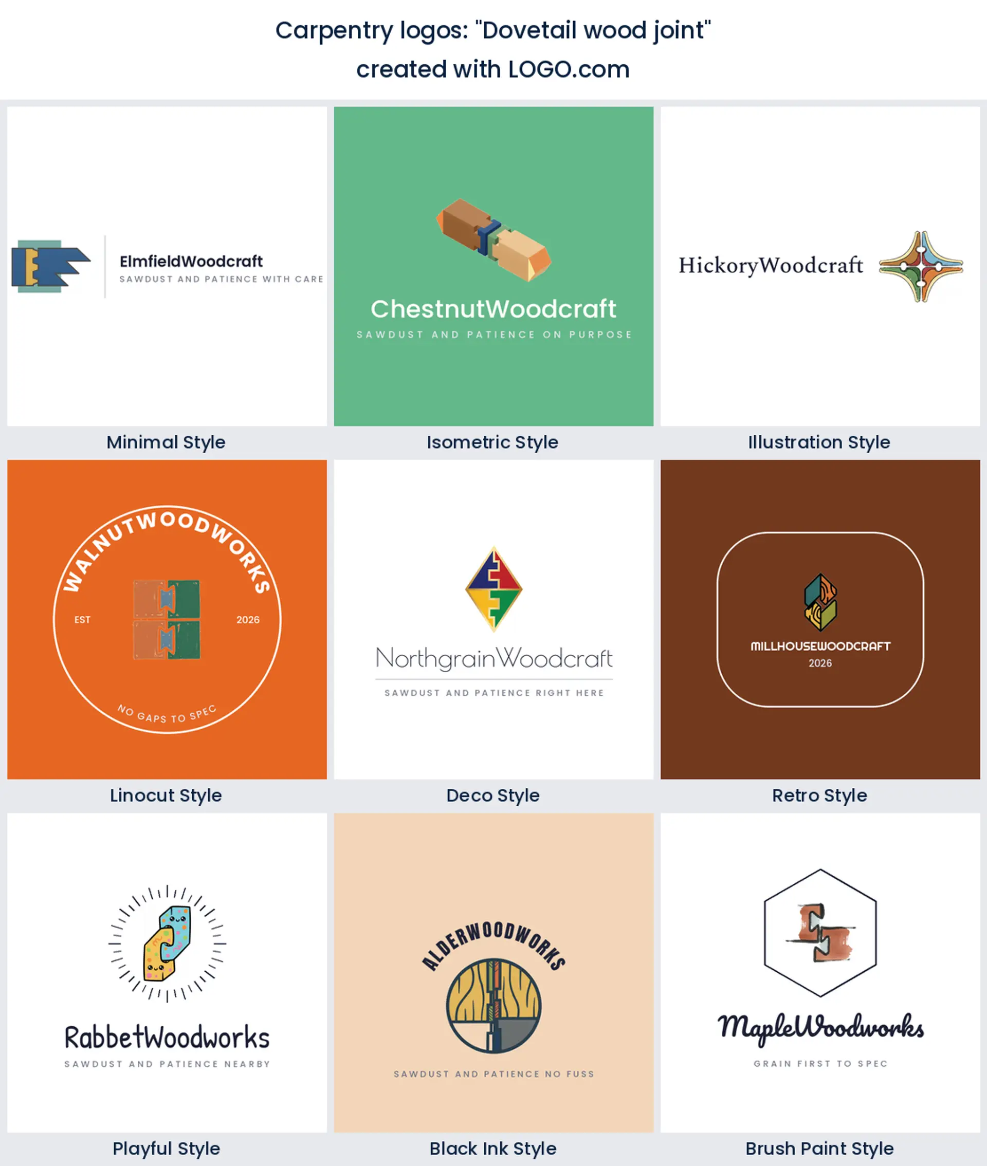 Dovetail wood joint logo shown across nine LOGO.com styles
