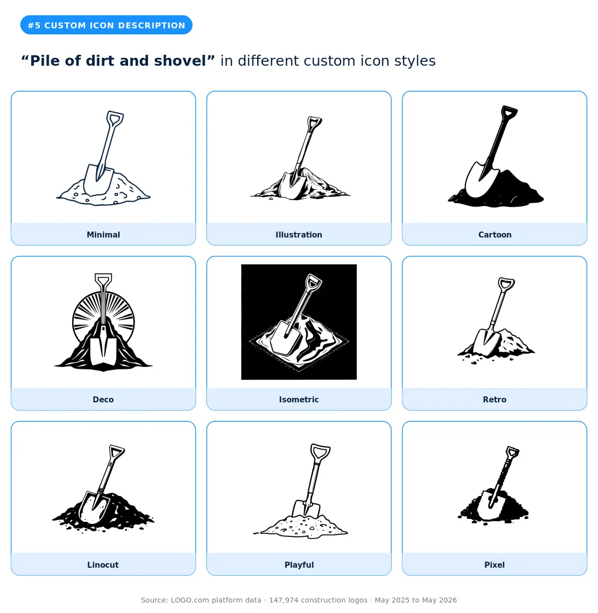 "Pile of dirt and shovel" custom construction logo symbol in nine styles