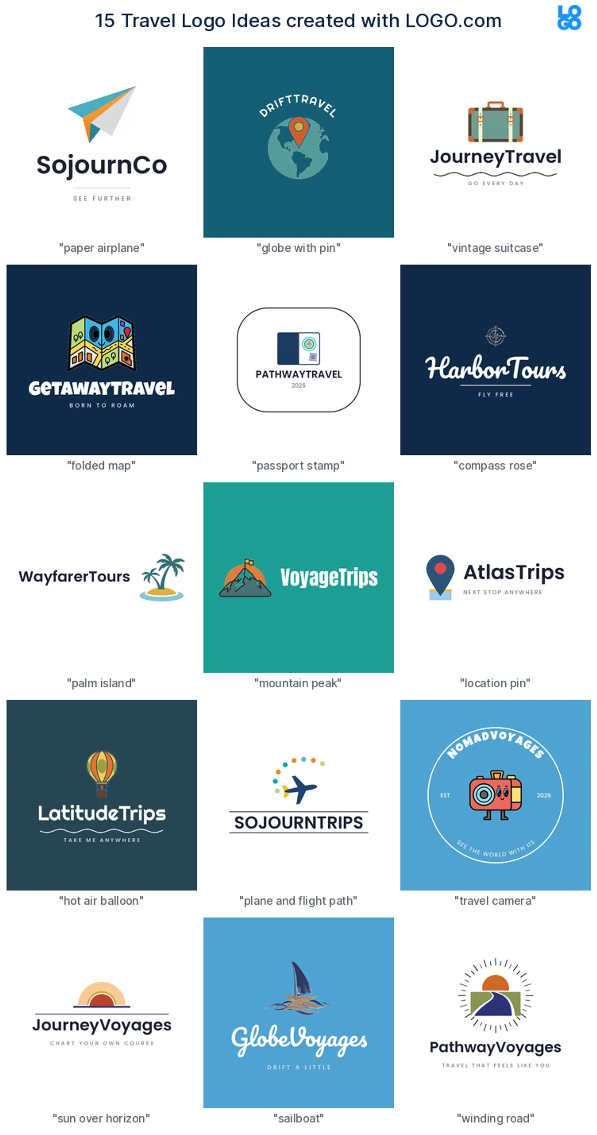 Fifteen travel logo ideas shown across nine LOGO.com styles