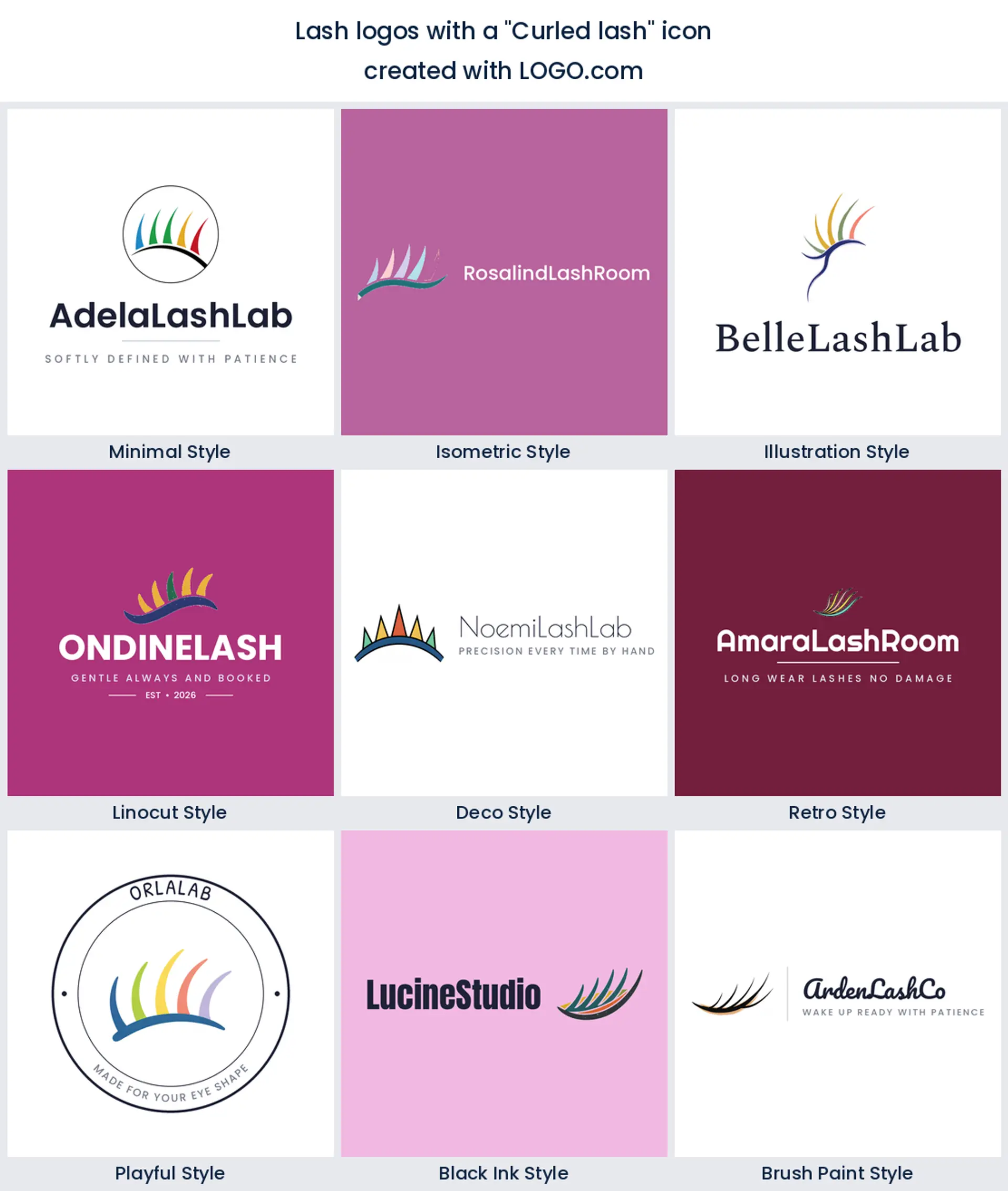 A curled lash icon shown in nine lash logo styles, from minimal to retro.