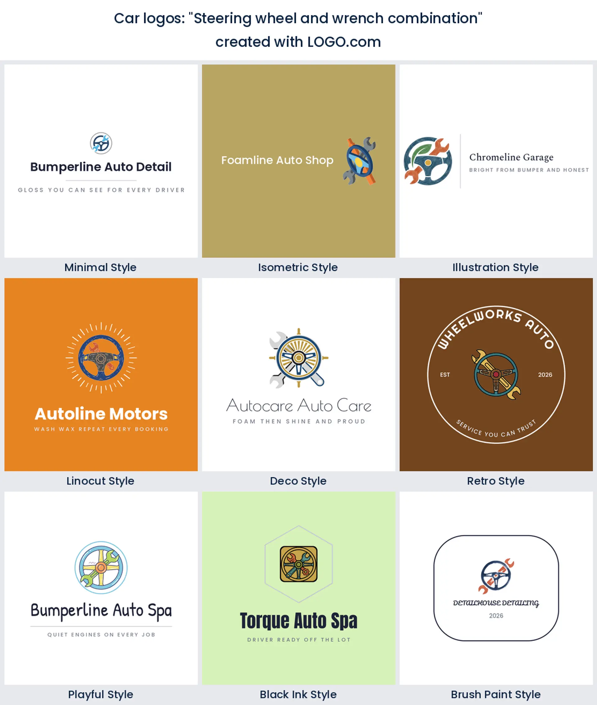 Nine mobile mechanic logos of a steering wheel crossed with a wrench, across nine styles.