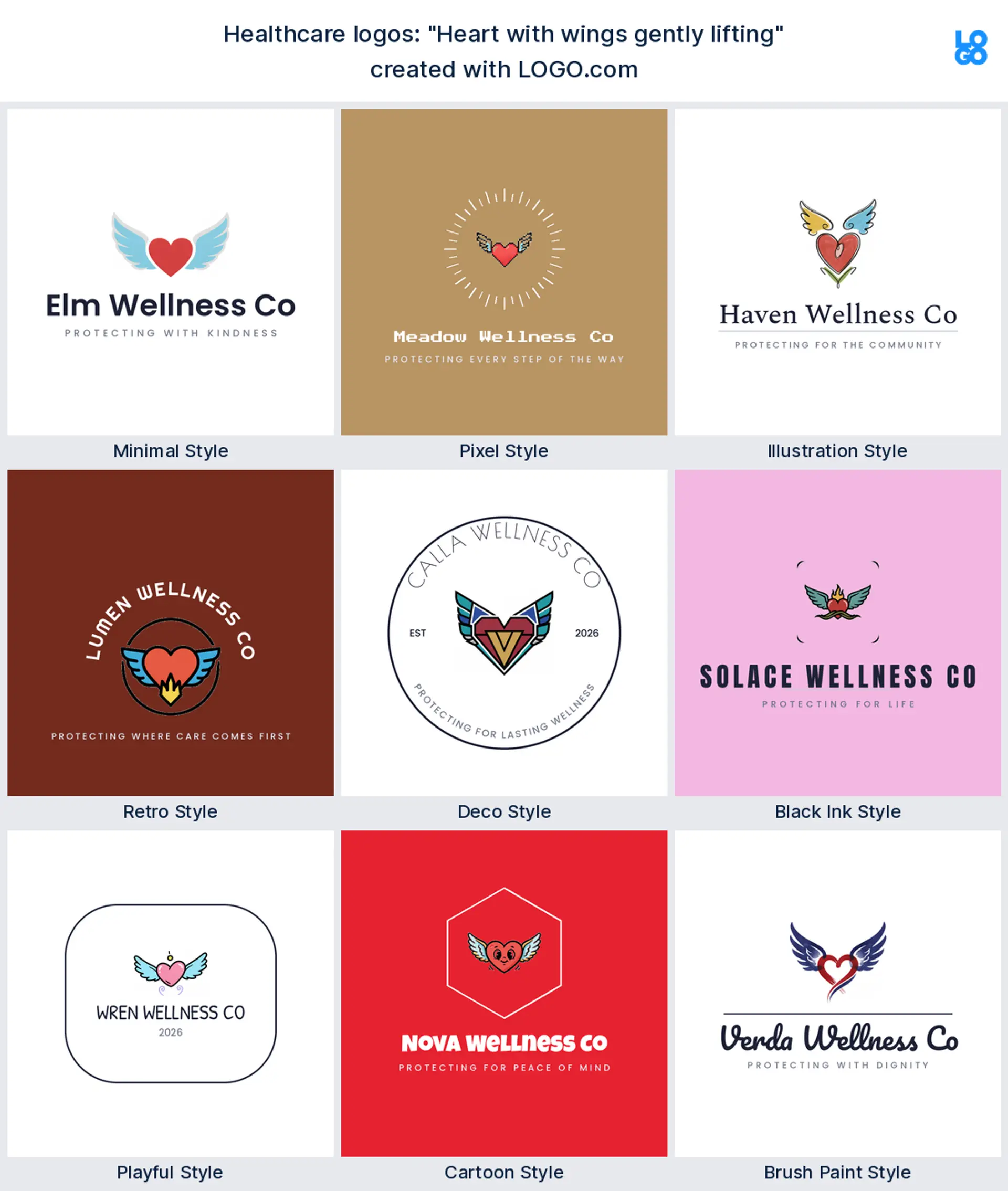 The "Heart with wings gently lifting" healthcare logo idea shown across nine LOGO.com styles