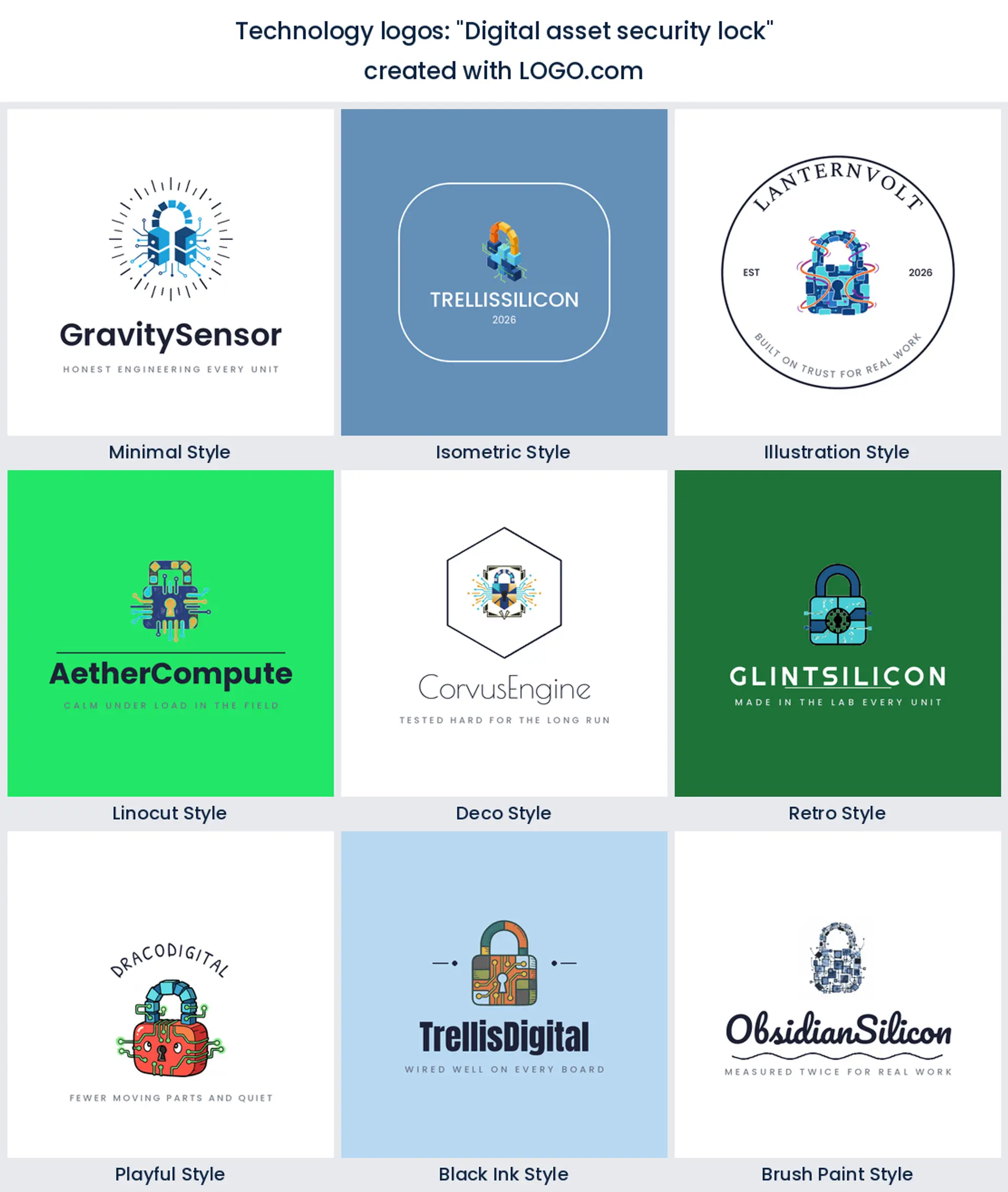 Digital asset security lock technology logo in nine styles.