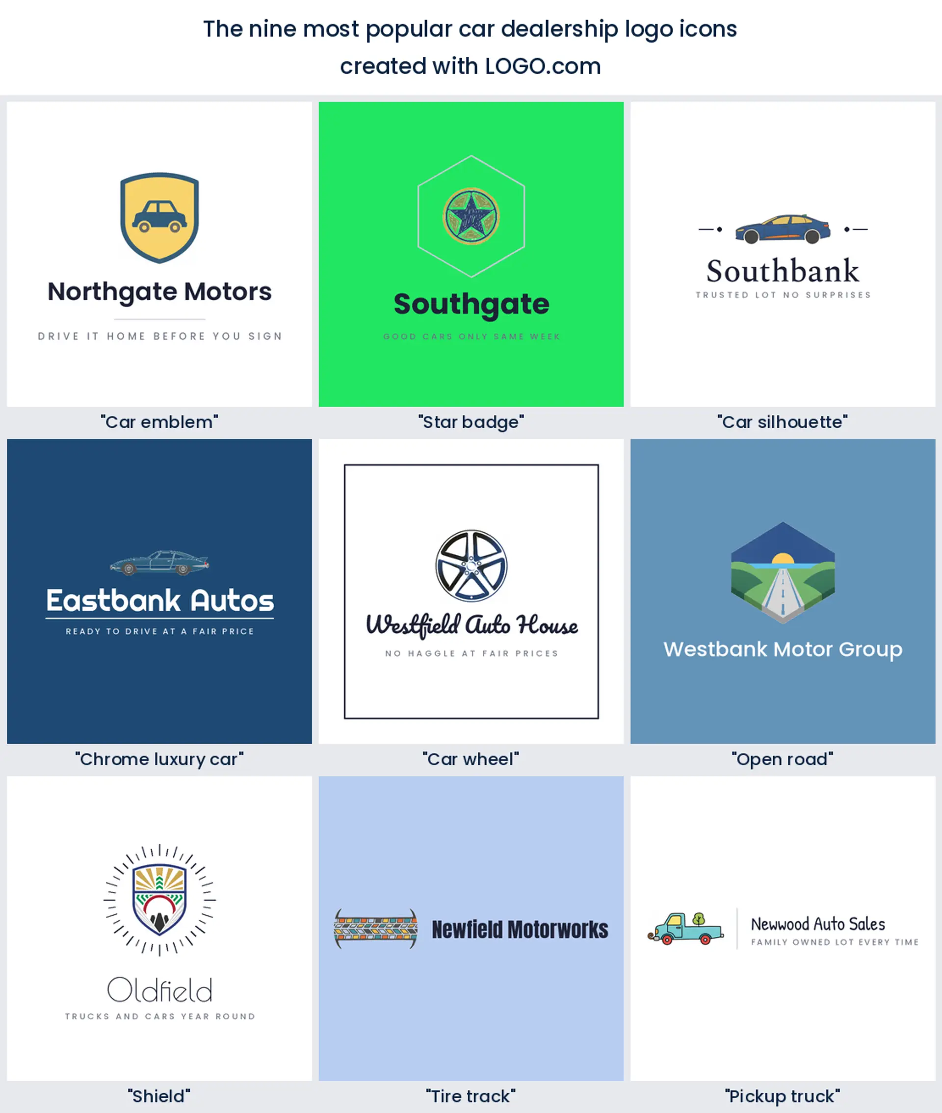 The nine most popular automotive logo icons used by car dealerships on LOGO.com