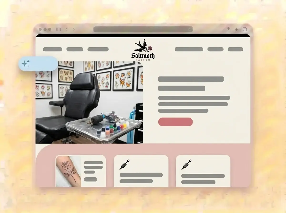 Finished Saltmoth Tattoo website built by LOGO.com from the uploaded logo, with a clean tattoo station, leather chair and framed flash in the hero photo