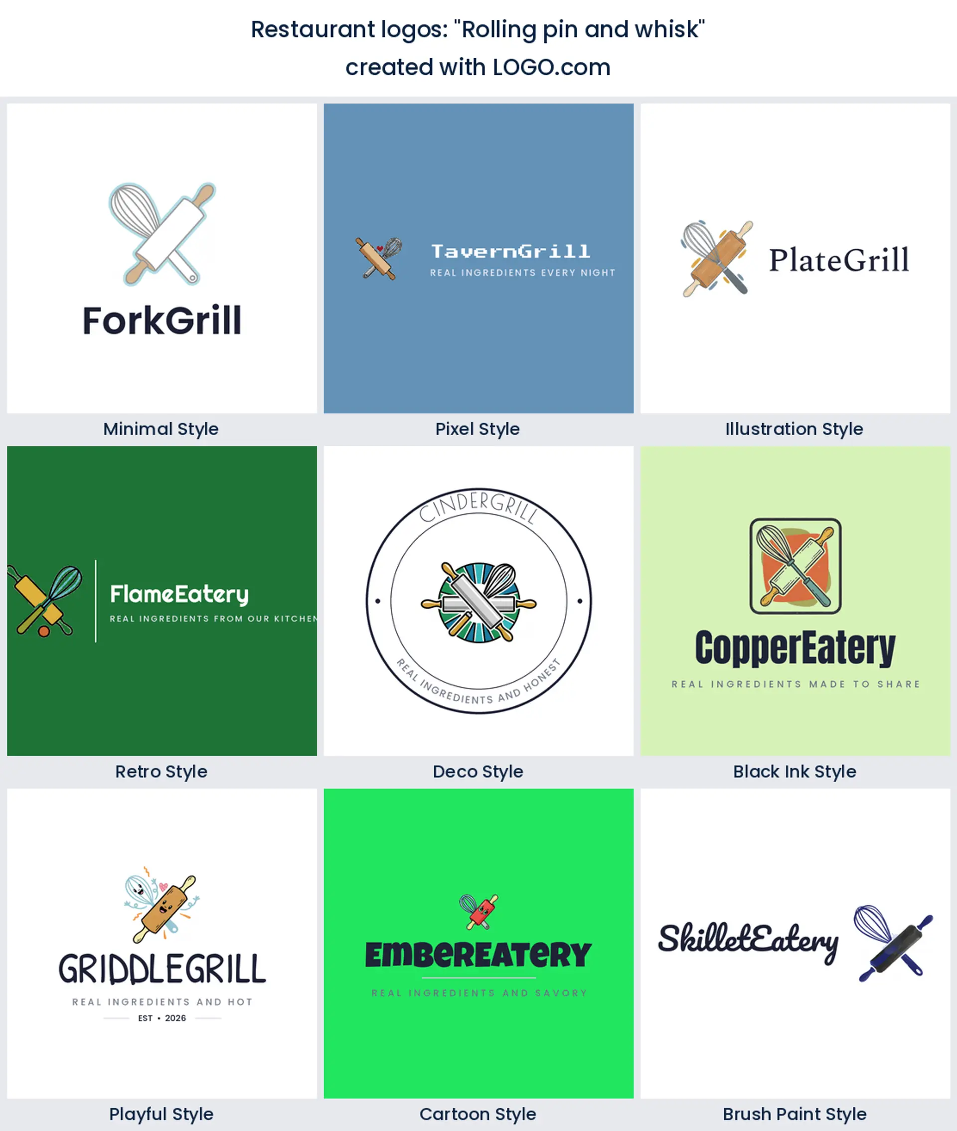 Rolling pin and whisk restaurant logo in nine styles.