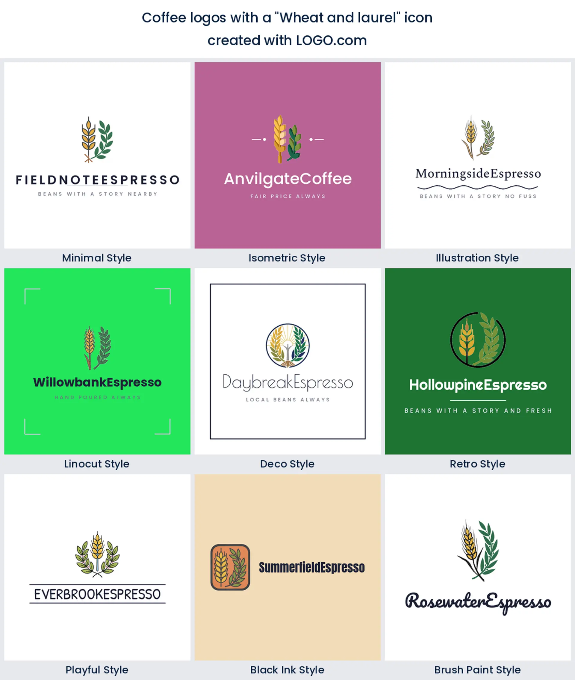 Wheat and laurel coffee logo shown in nine LOGO.com styles