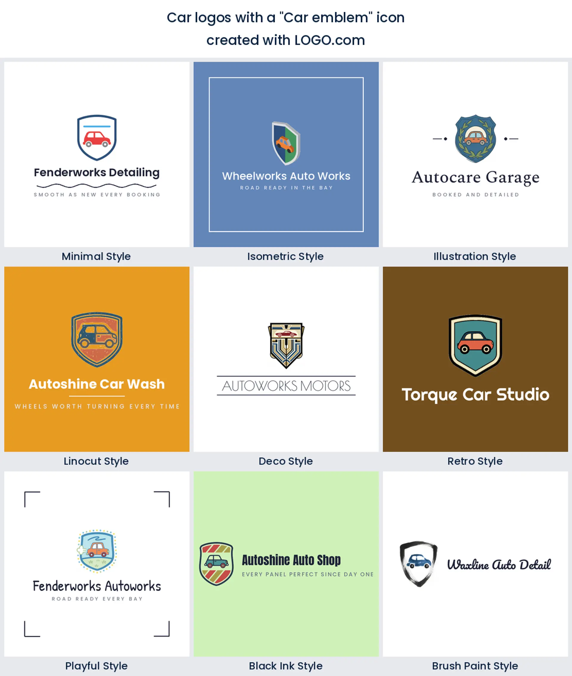 Nine automotive logos built around a shield style car emblem icon, in nine different styles.