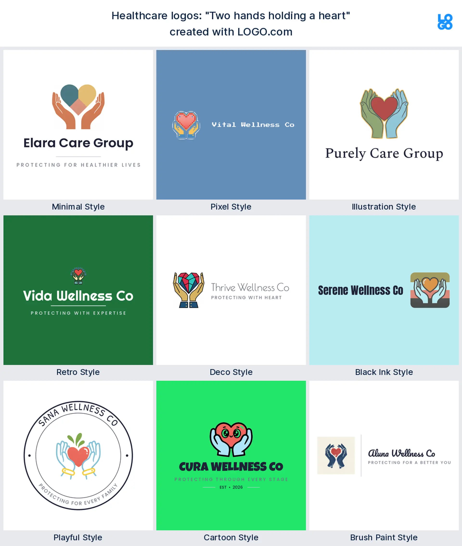 The "Two hands holding a heart" healthcare logo idea shown across nine LOGO.com styles