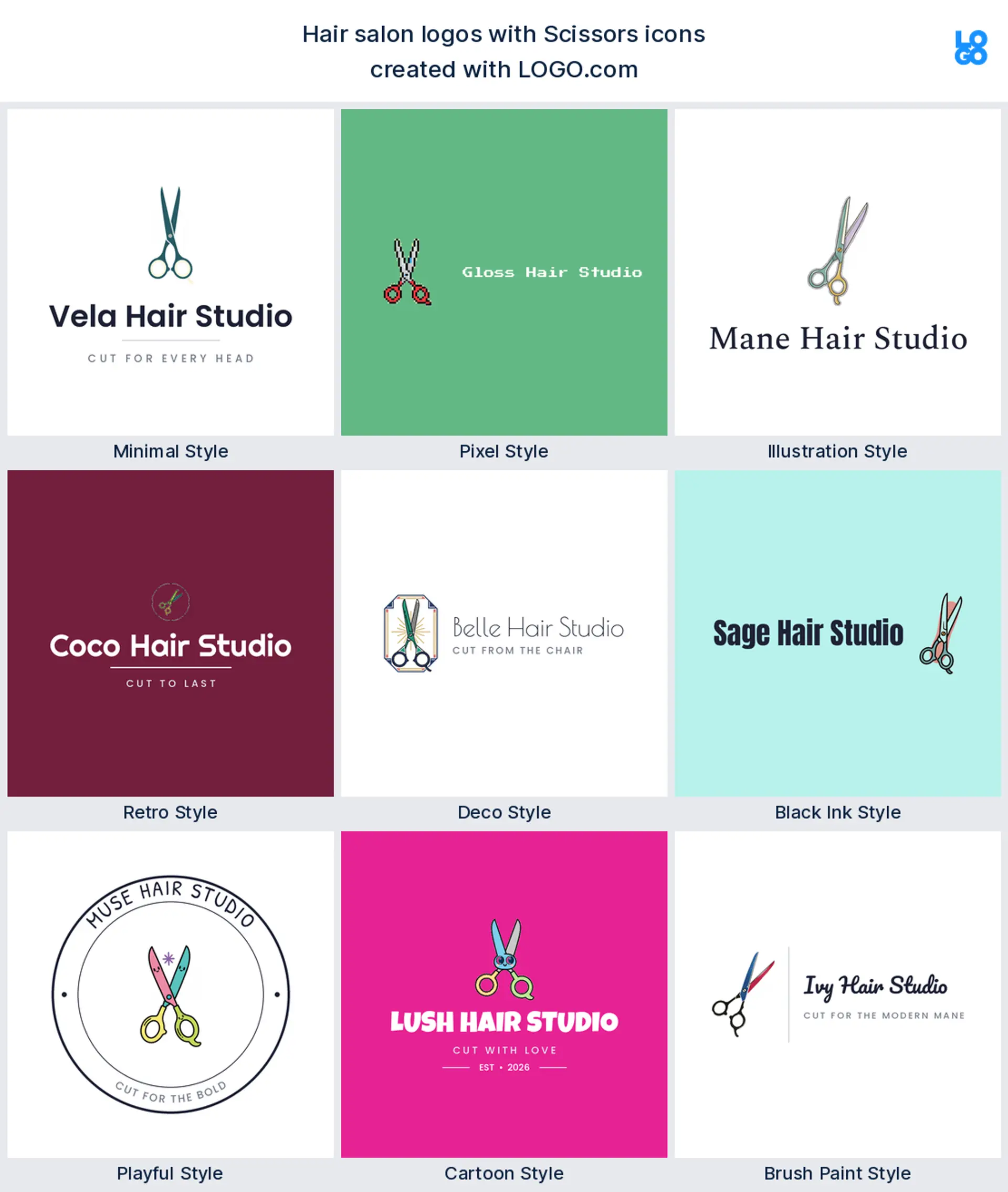 Scissors shown across nine LOGO.com hair salon logo styles