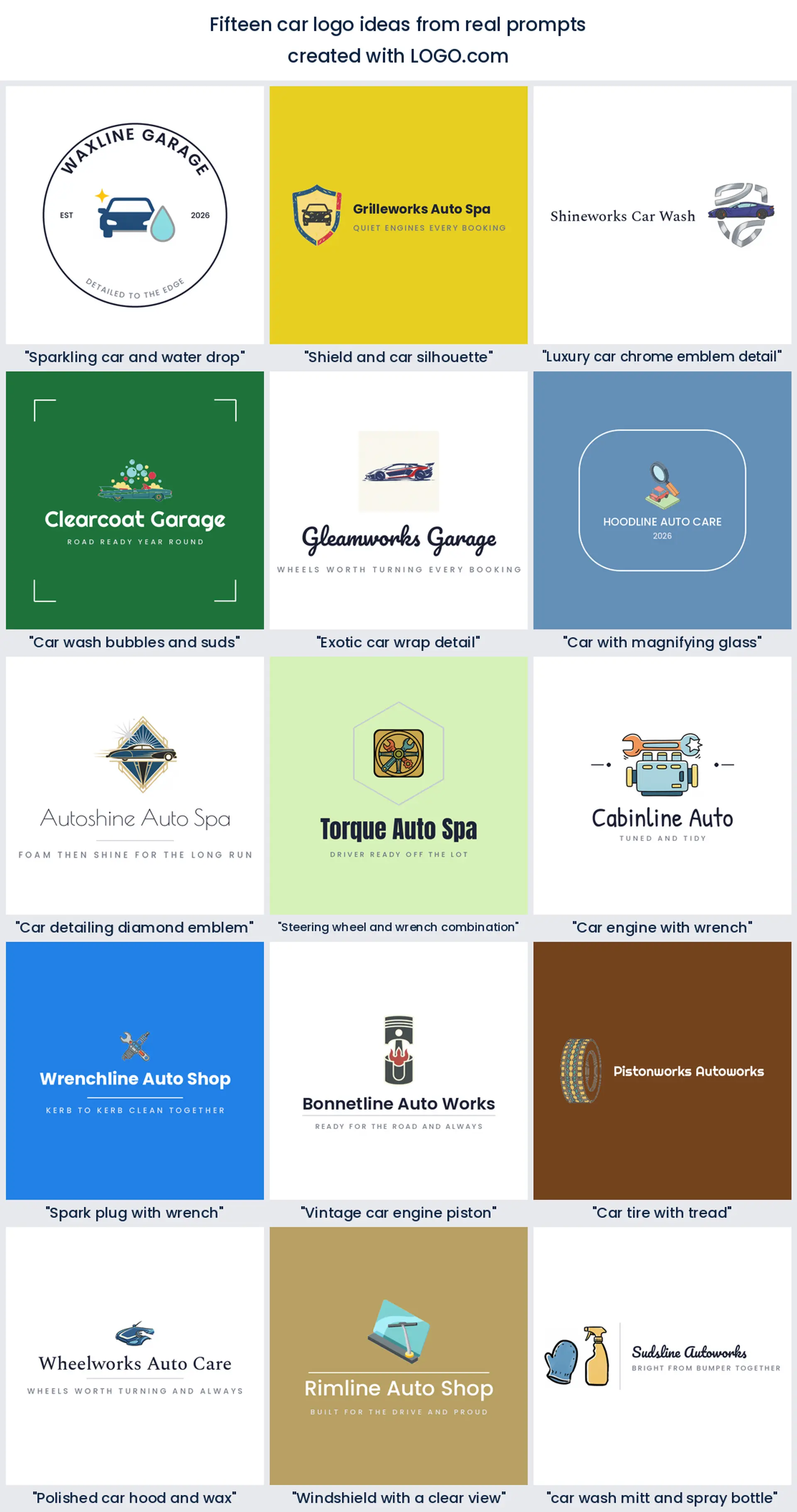 Fifteen car logo ideas taken from real founder prompts, shown as fifteen finished car and automotive logos.