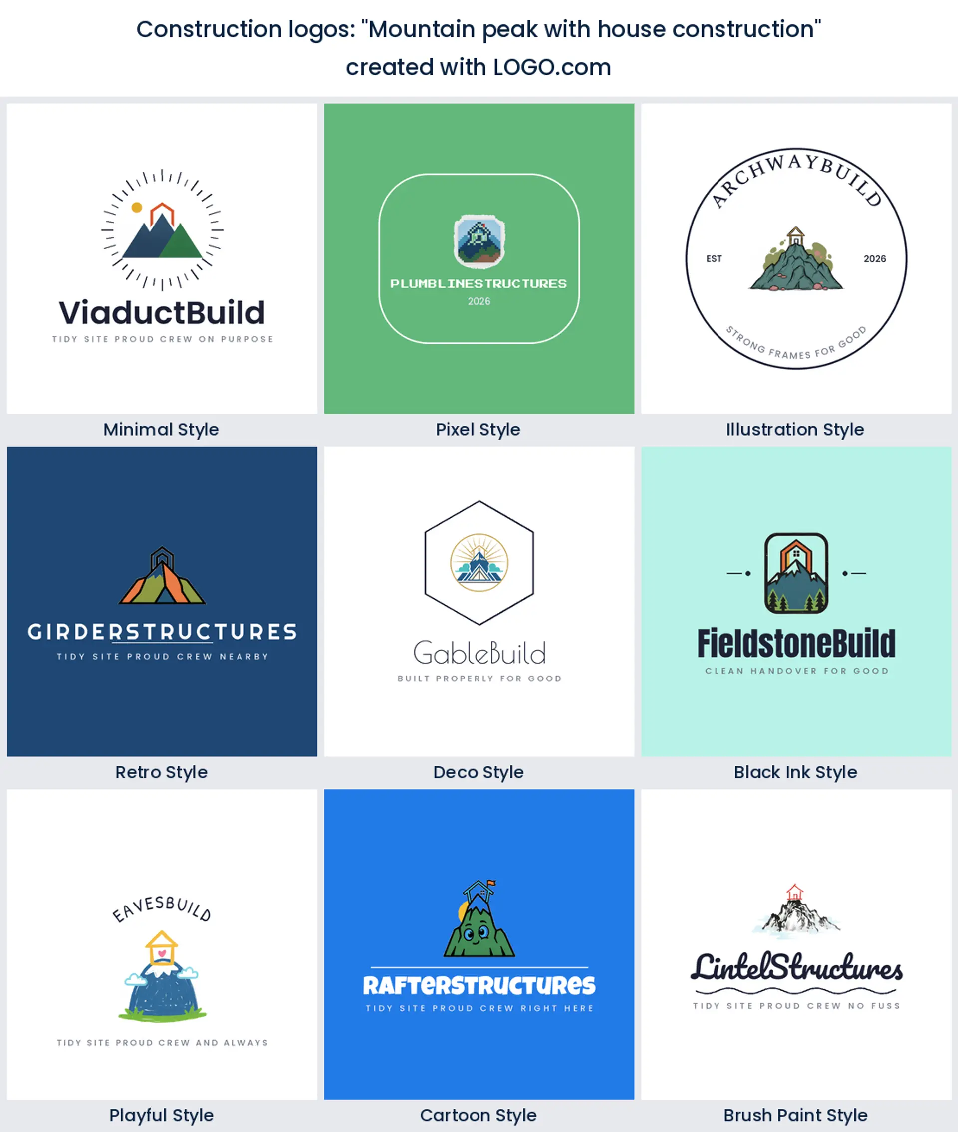 Mountain peak with house construction logo idea, shown in nine LOGO.com styles