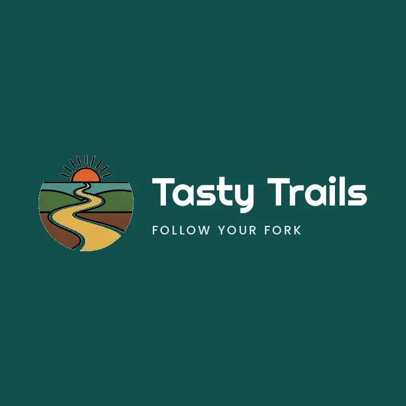 The restaurant name Tasty Trails as a branded logo in a retro style