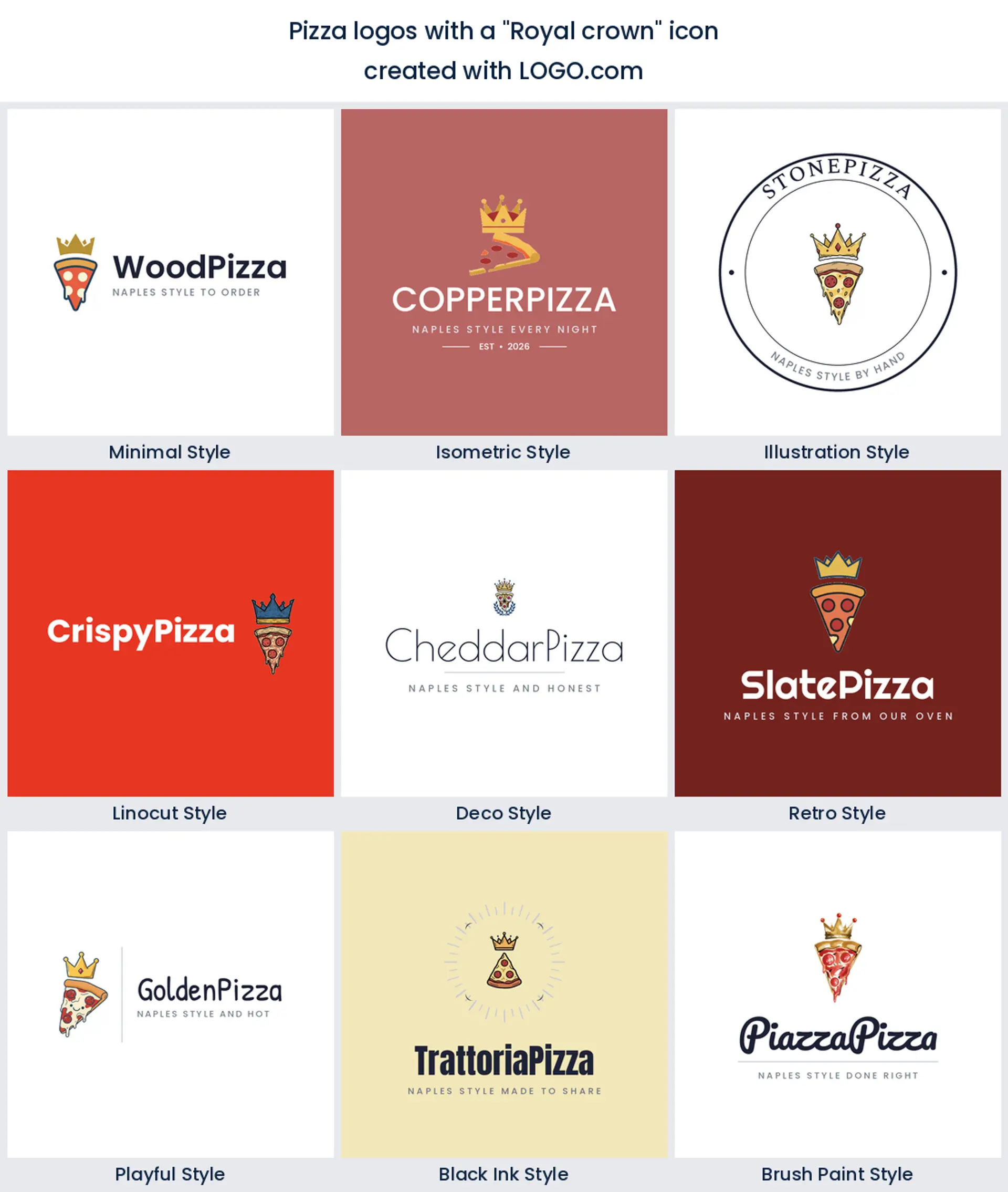 Royal crown pizza logo shown in nine LOGO.com styles.