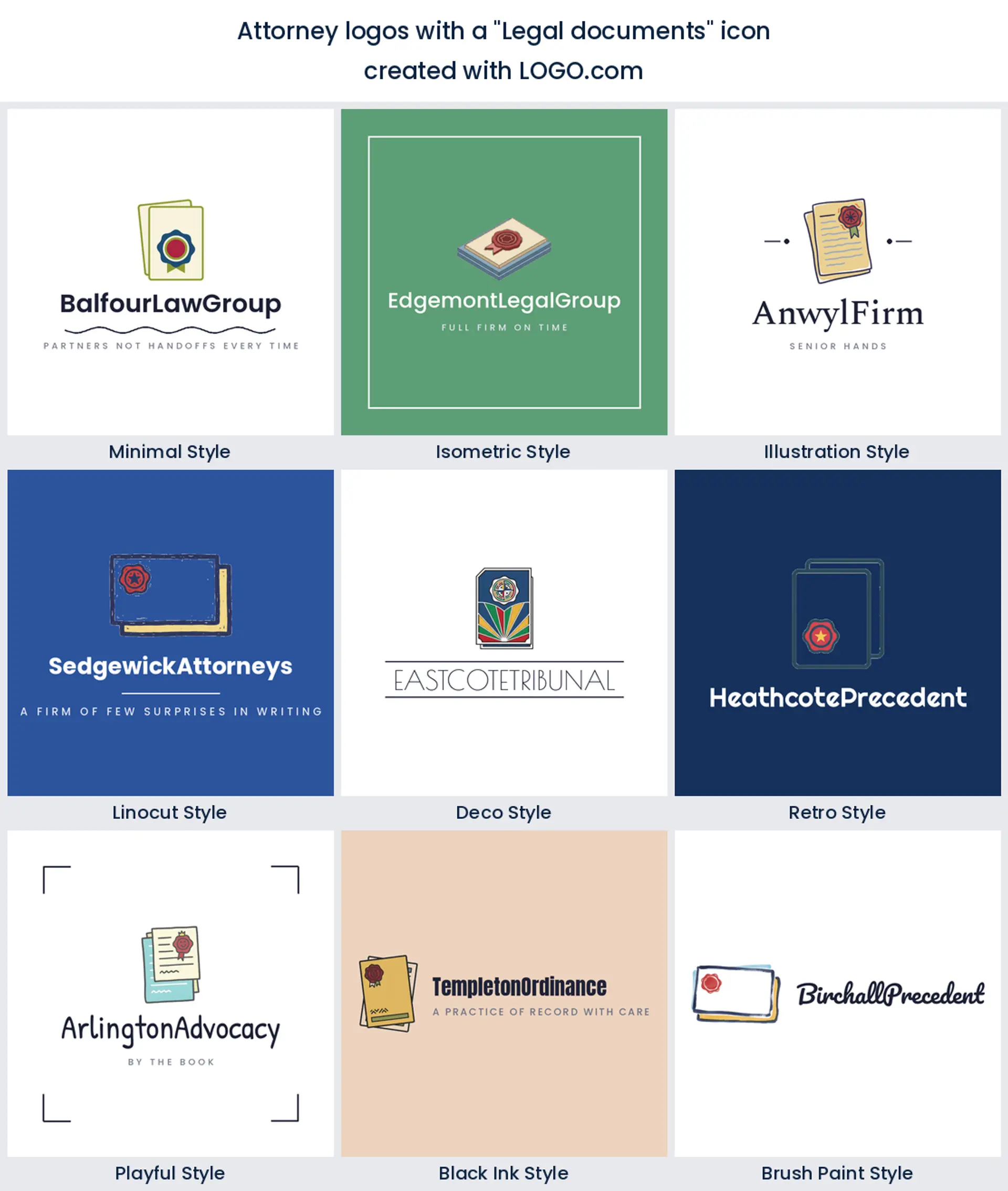 Nine styles of legal firm logo built on a stack of documents with a wax seal