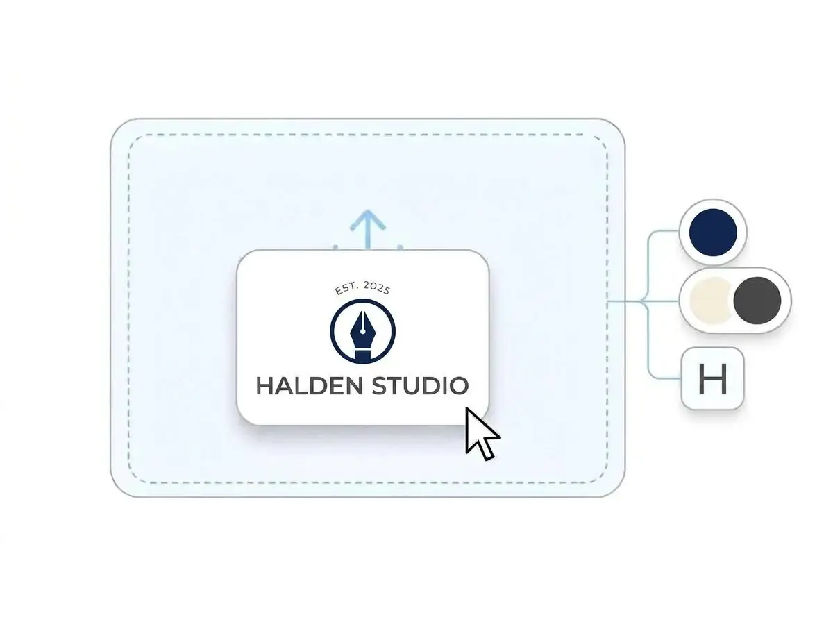 Halden Studio logo being dropped into the portfolio website builder upload box, with its navy, off white and charcoal colors and geometric font picked out