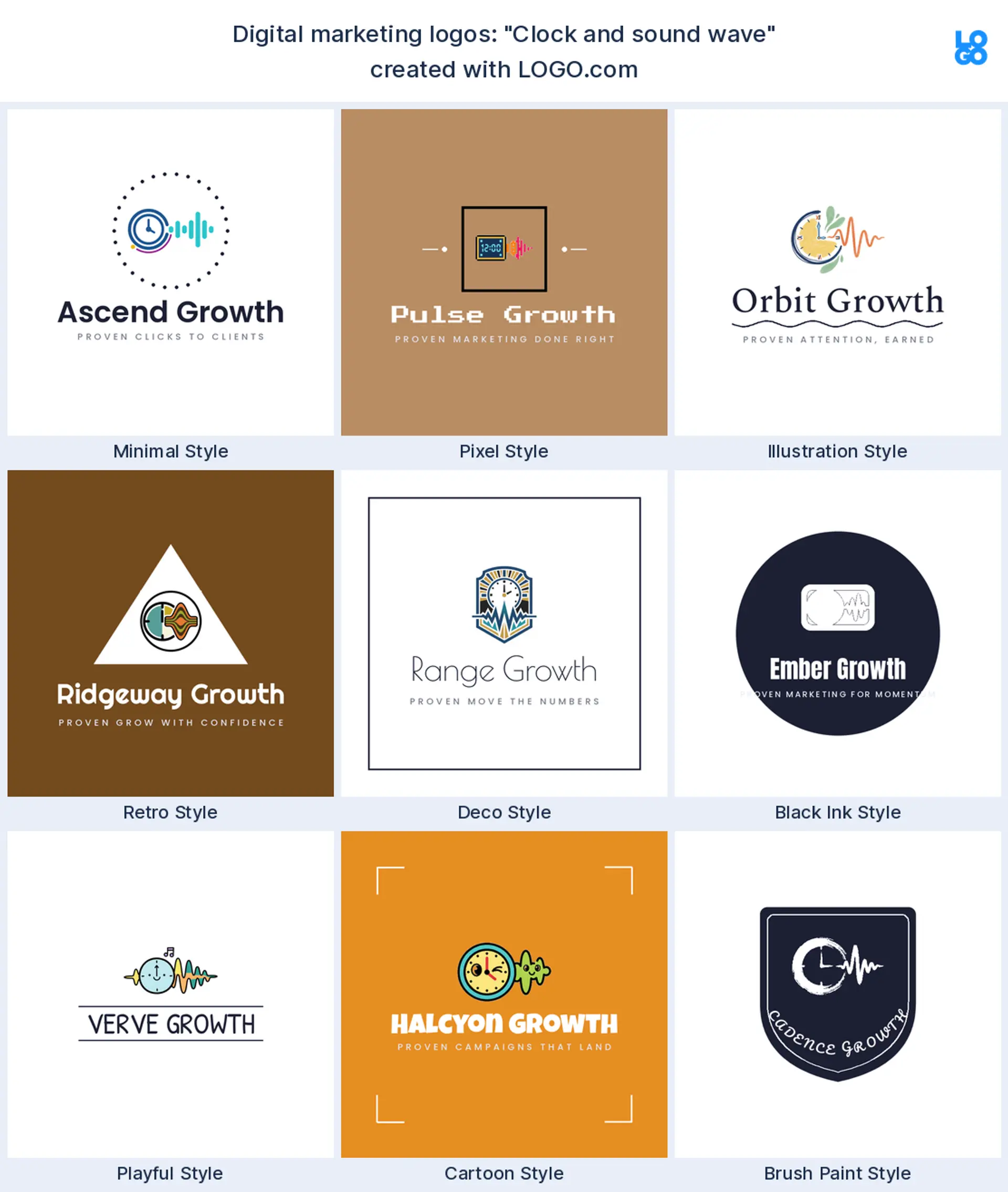 The "Clock and sound wave" digital marketing logo idea, shown across nine styles on LOGO.com