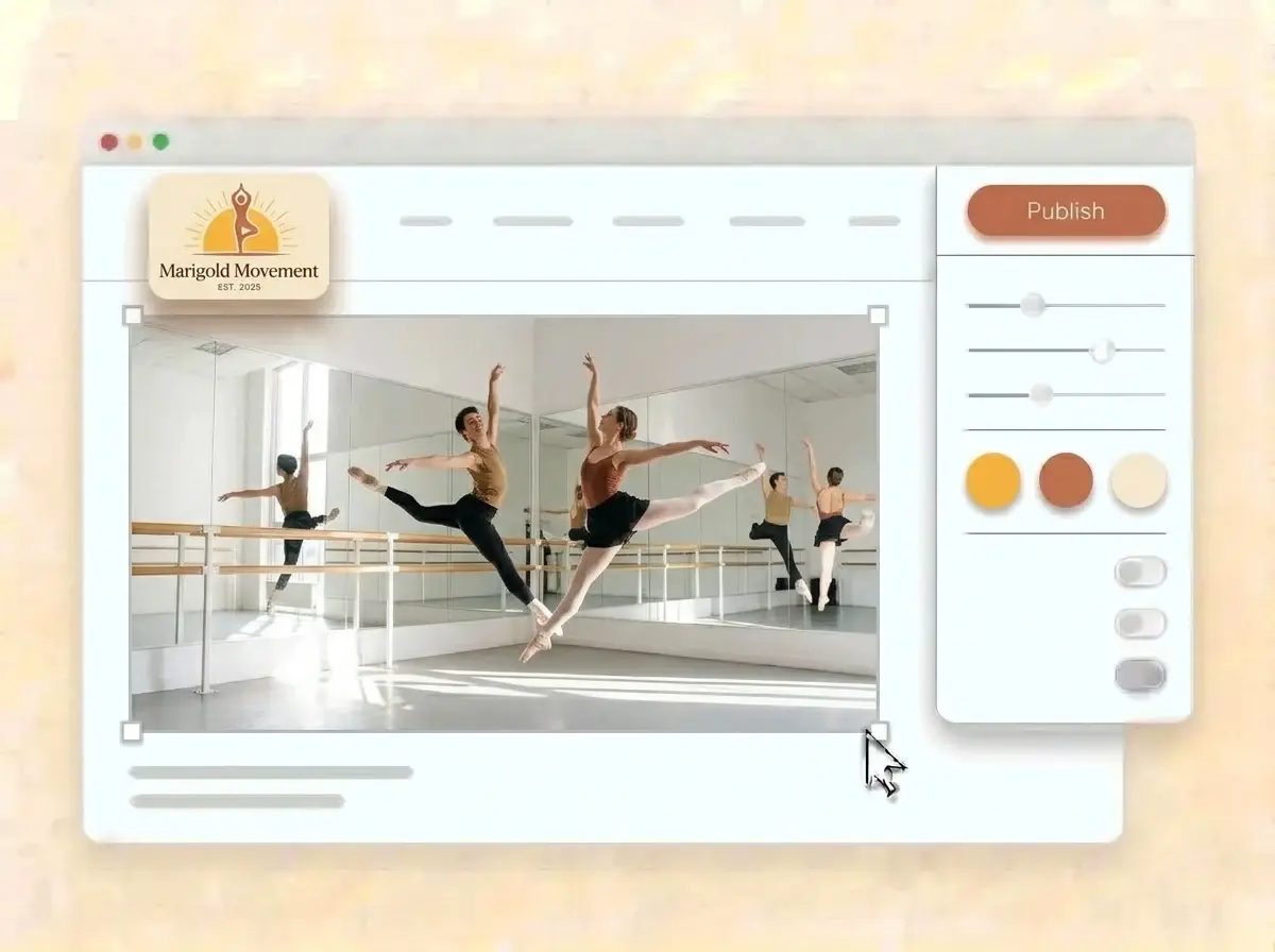 Editing the Marigold Movement website with a photo of two dancers in a mirrored studio selected, the style panel open and the terracotta Publish button ready