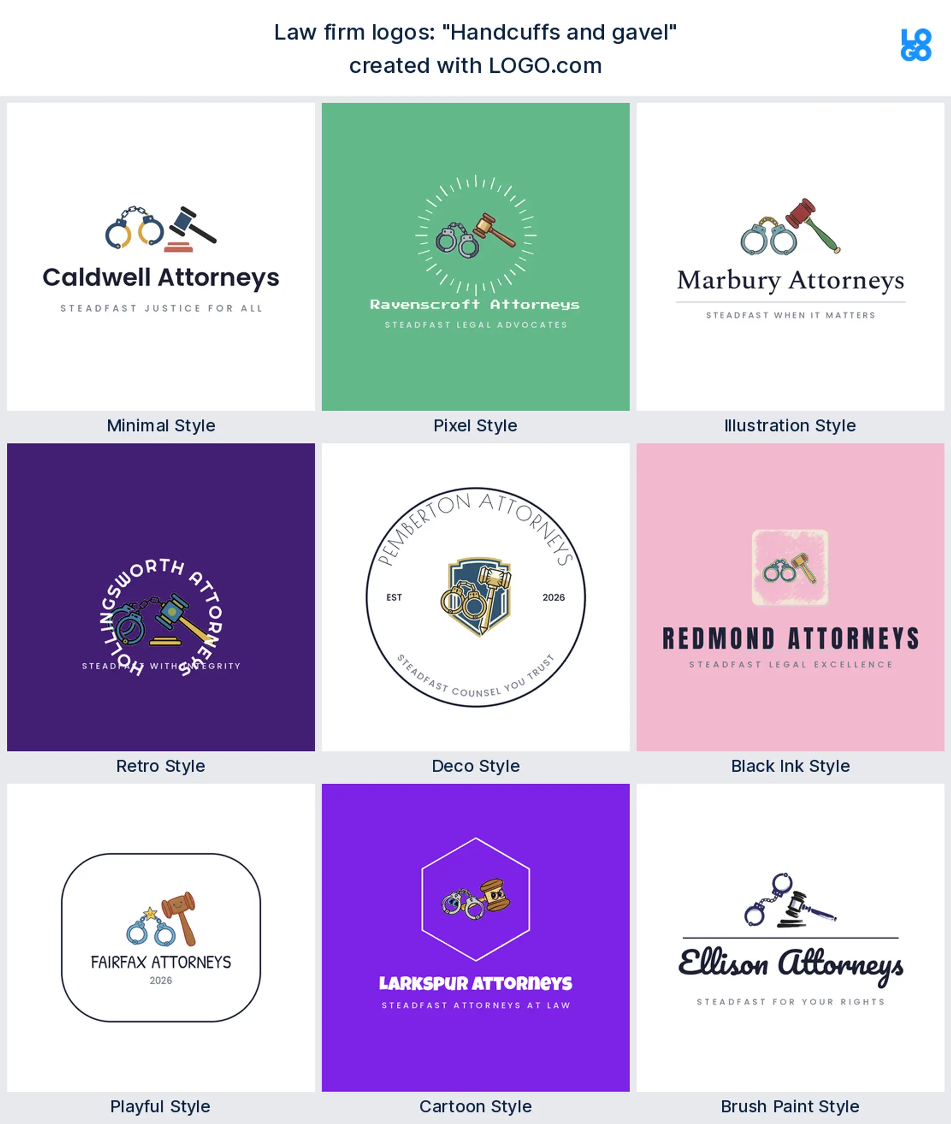 The "Handcuffs and gavel" legal logo idea, shown across nine styles on LOGO.com
