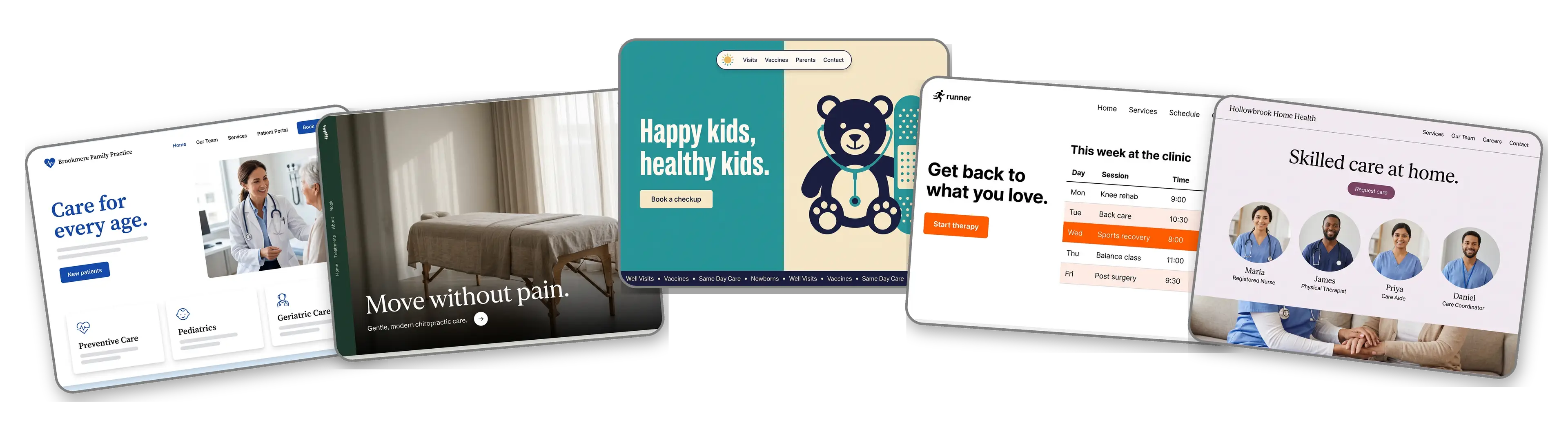 Five healthcare websites built with LOGO.com from a logo upload: a family medical practice, a chiropractic clinic, a pediatric clinic, a physical therapy clinic and a home health agency