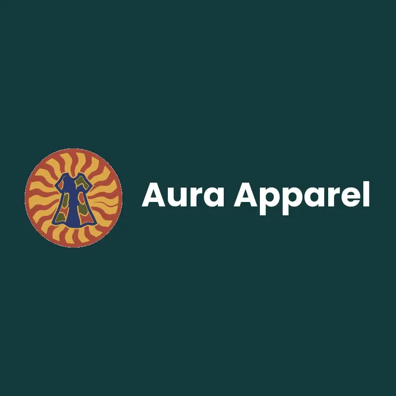 The clothing brand name Aura Apparel as a branded logo in a linocut style