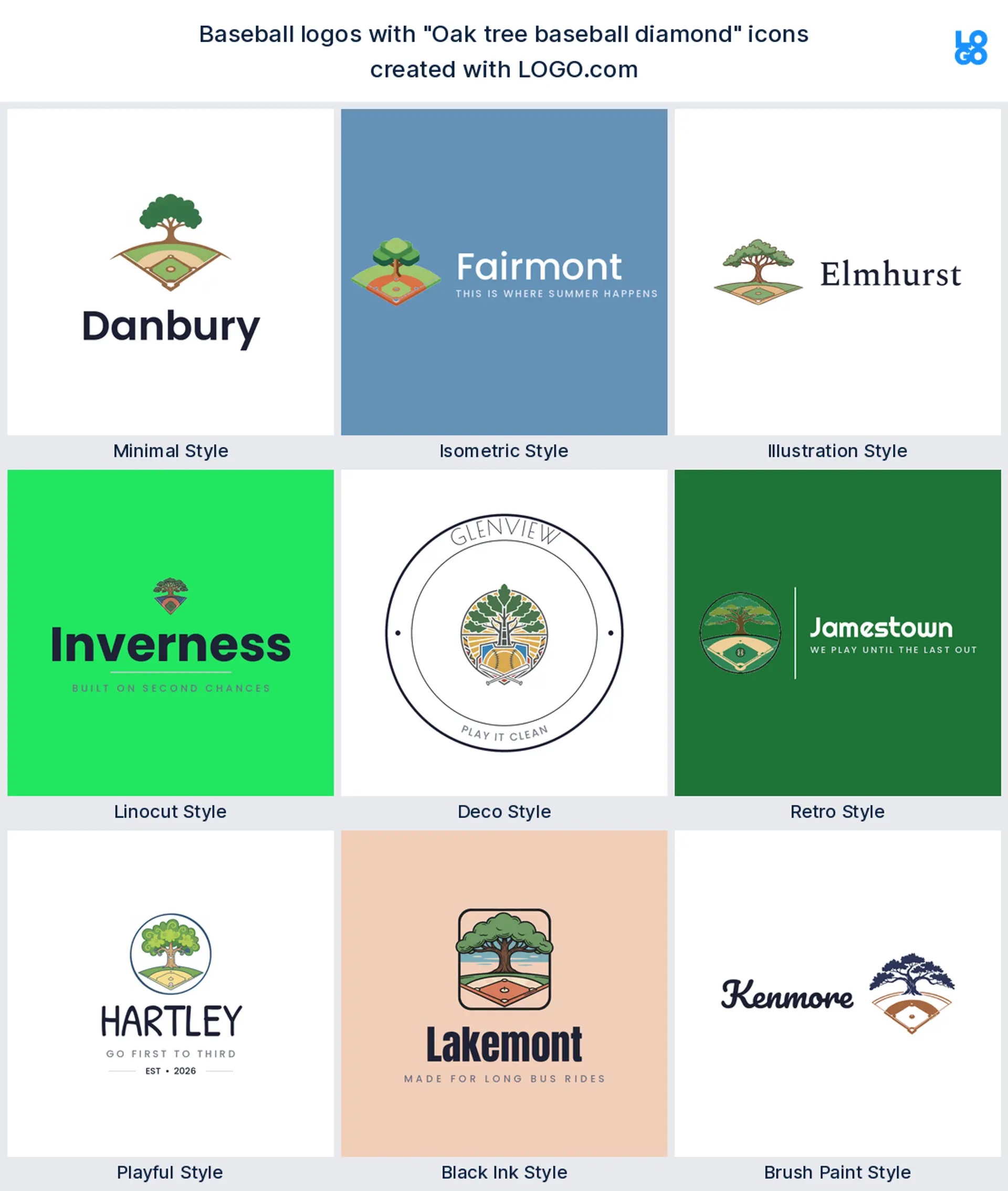 Oak tree and diamond baseball logo shown in nine LOGO.com styles
