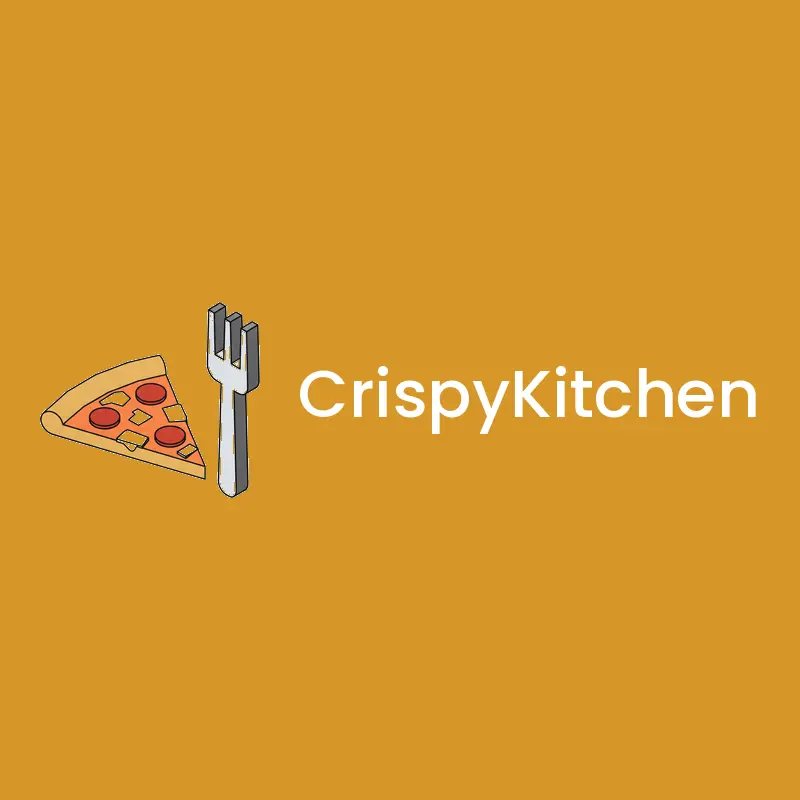 An isometric pizza slice and fork logo on a gold background.