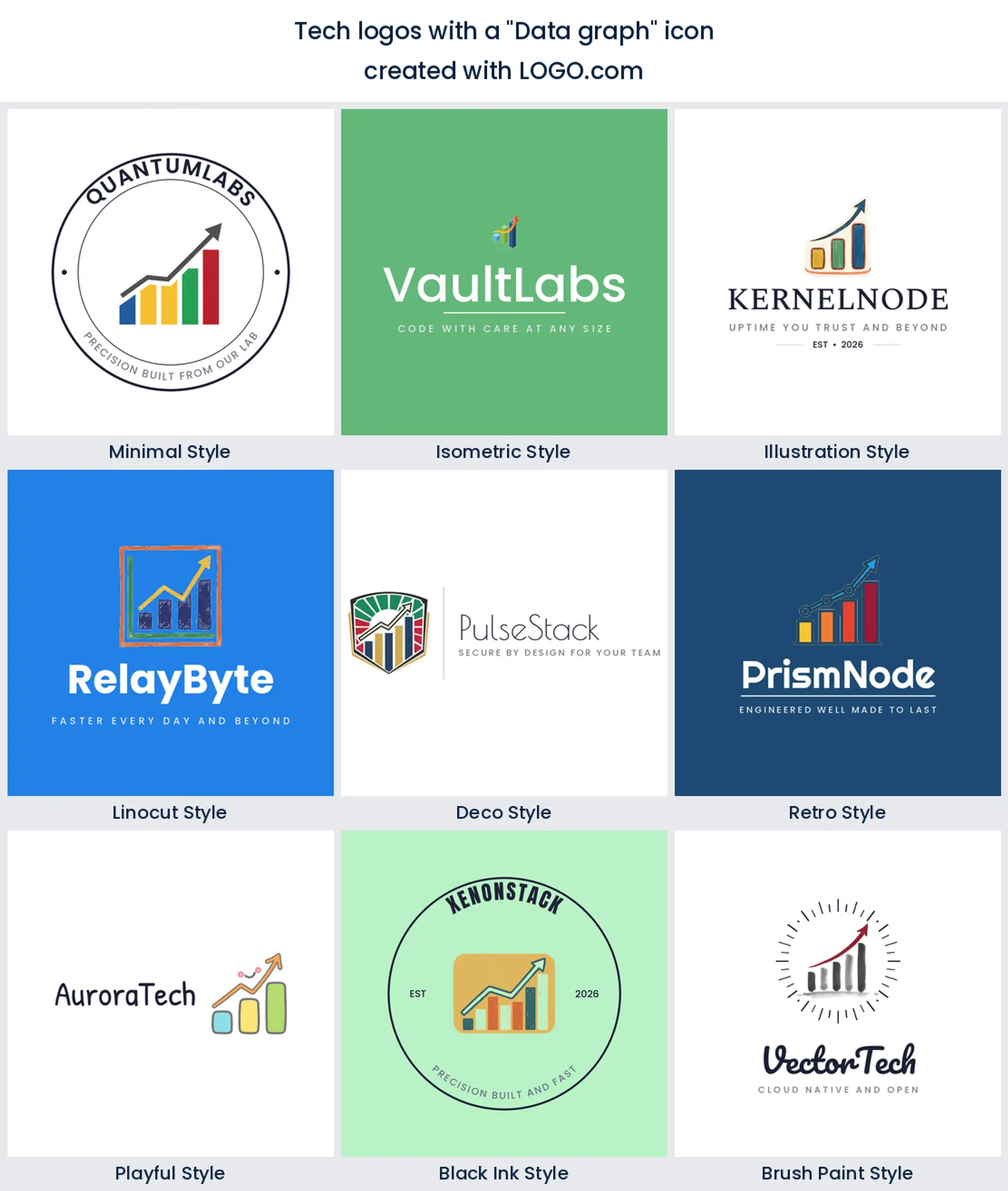 Data graph tech logo shown in nine LOGO.com styles.