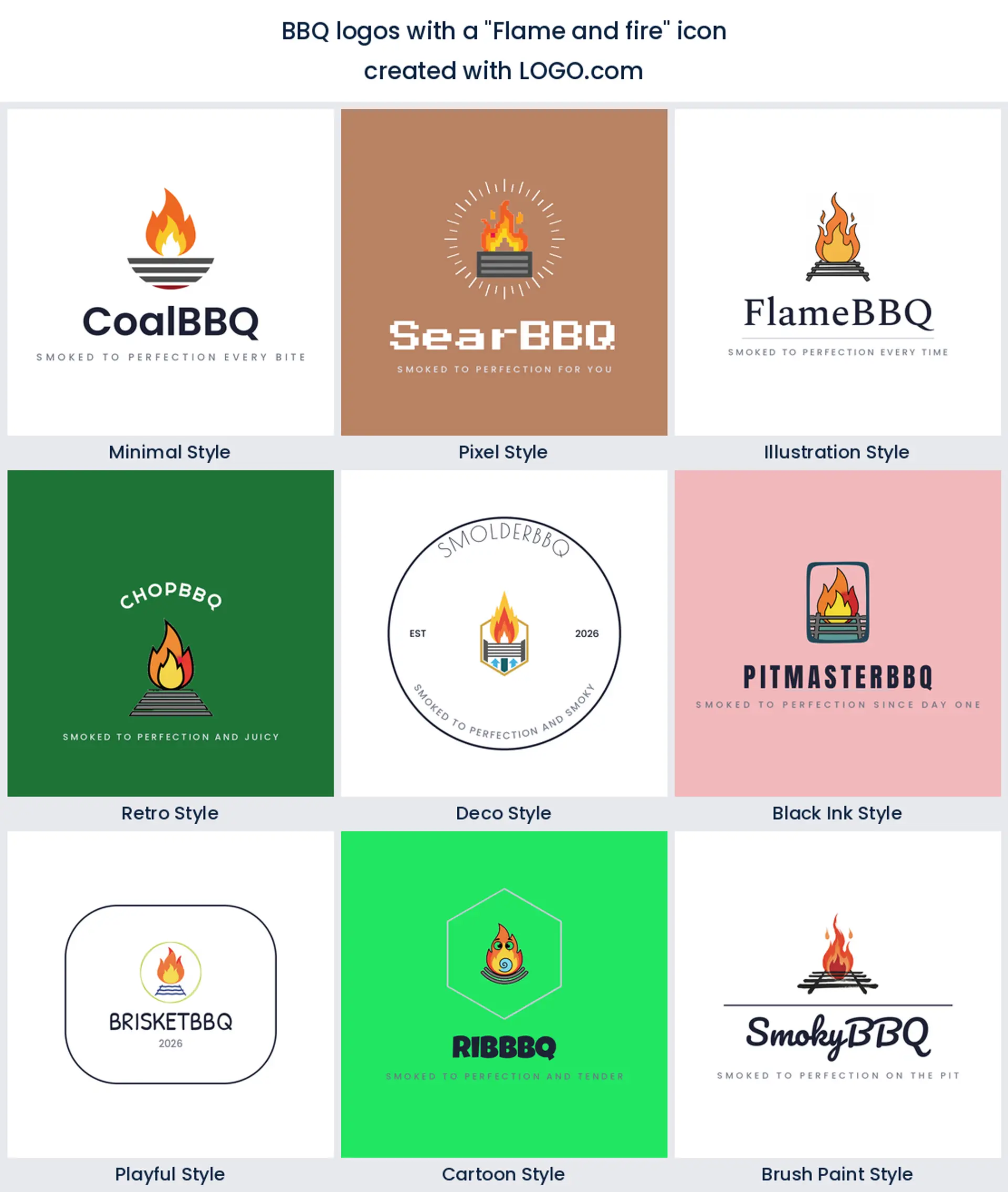 Flame and fire bbq logo shown in nine LOGO.com styles.