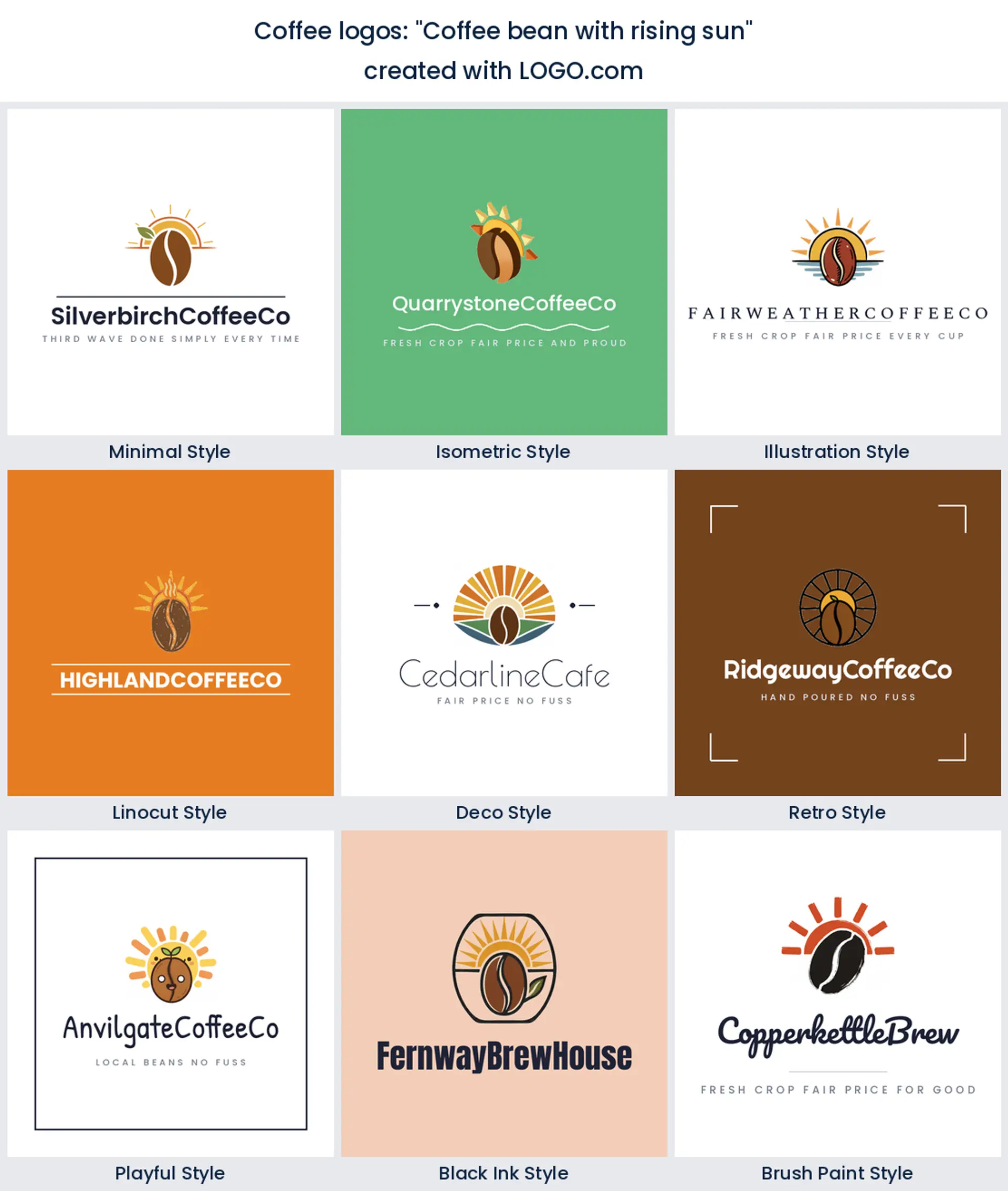 Coffee bean with rising sun coffee logo idea shown in nine LOGO.com styles