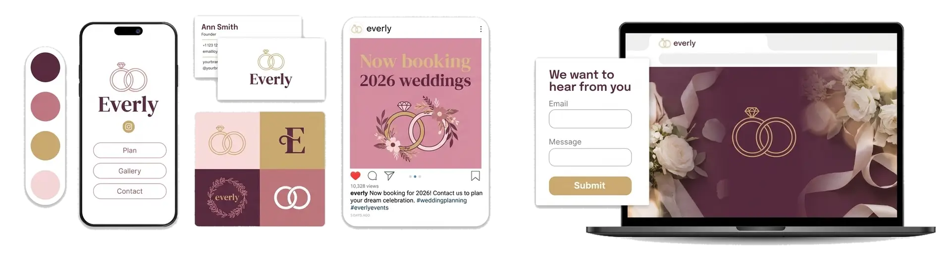The Everly wedding logo shown across a phone, cards, and a laptop on LOGO.com