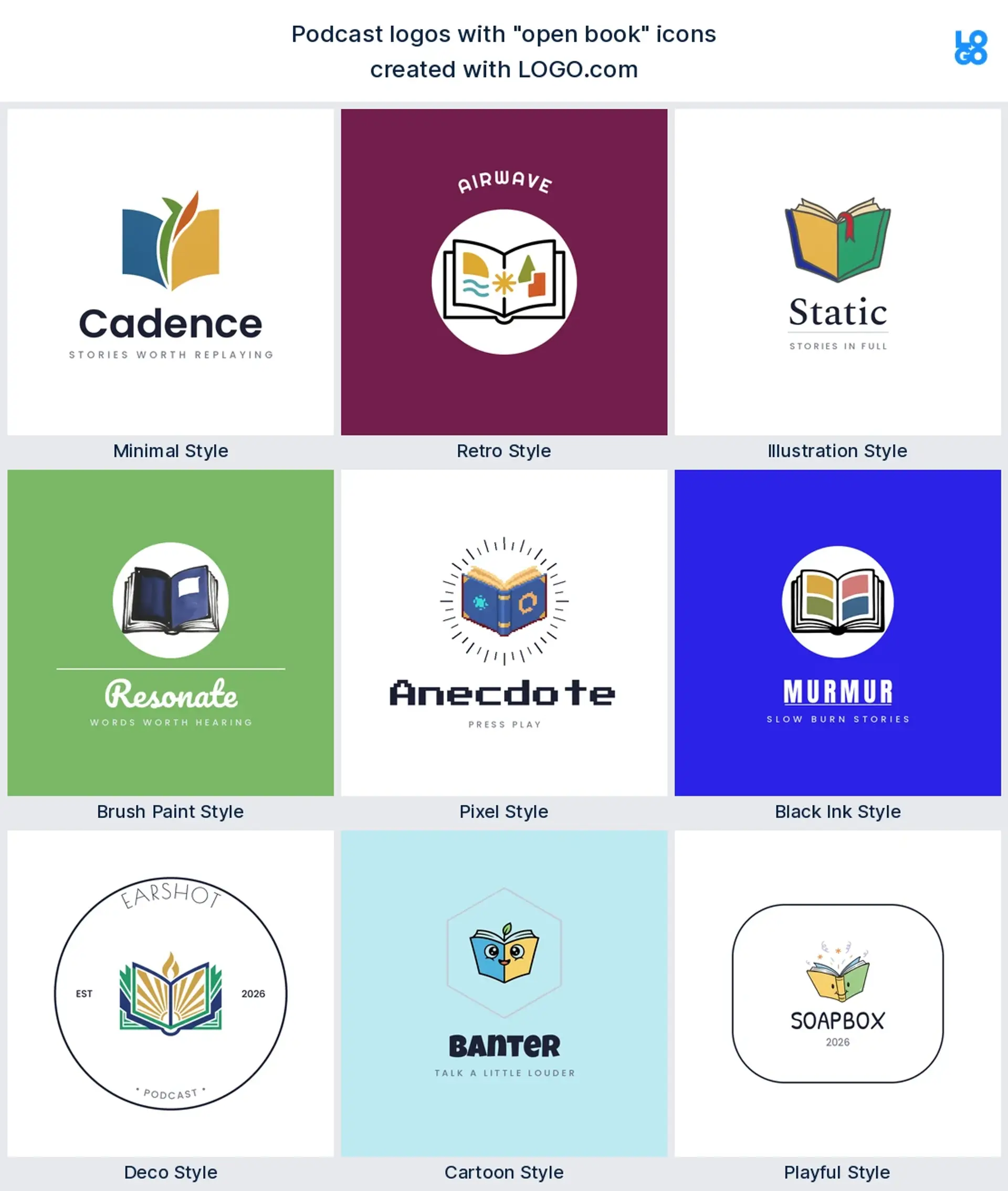 Open book podcast logo shown in nine LOGO.com styles