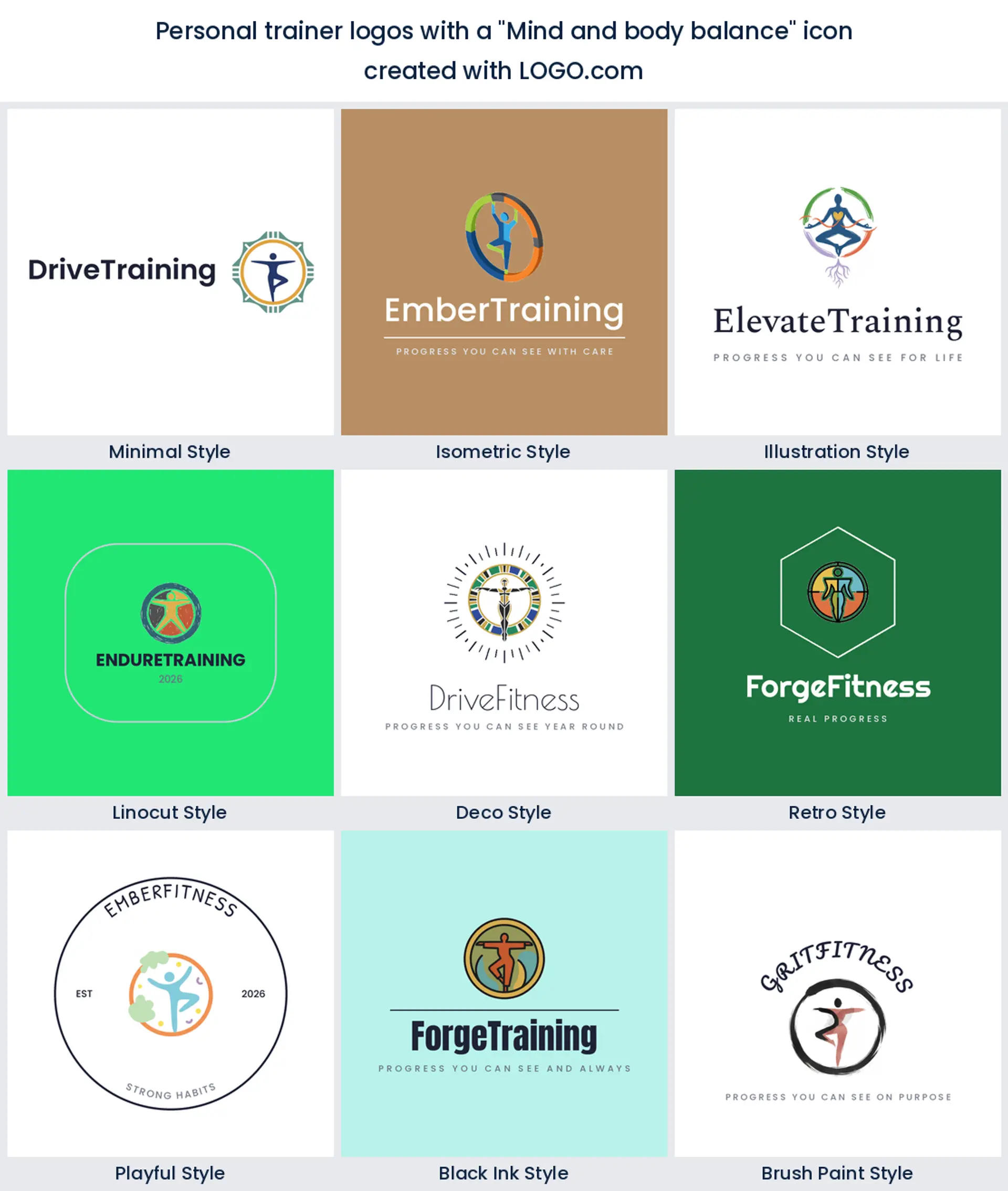 Mind and body balance personal training logo shown across nine LOGO.com styles