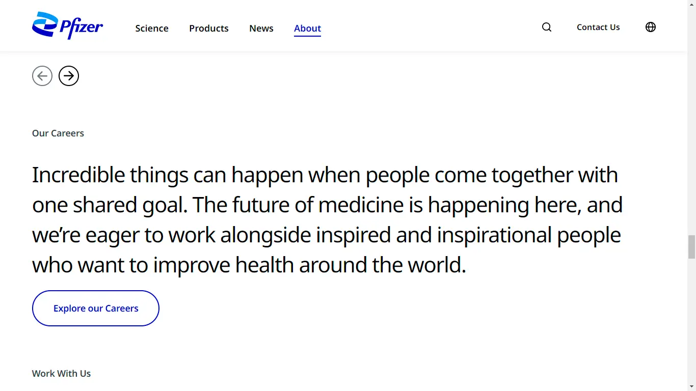 One of the many redirects on Pfizer’s About Us page is an invitation to join their team