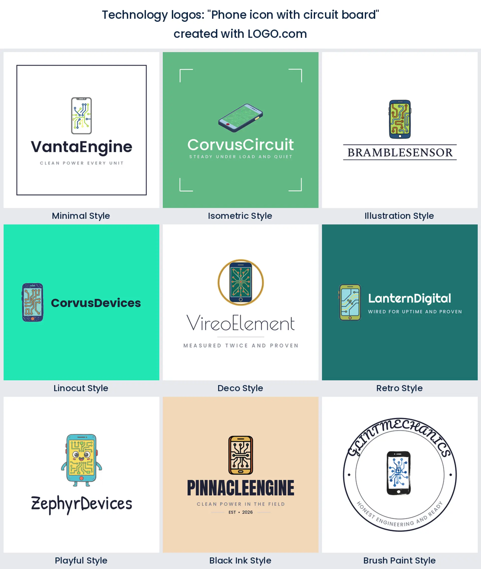 Phone icon with circuit board technology logo in nine styles.